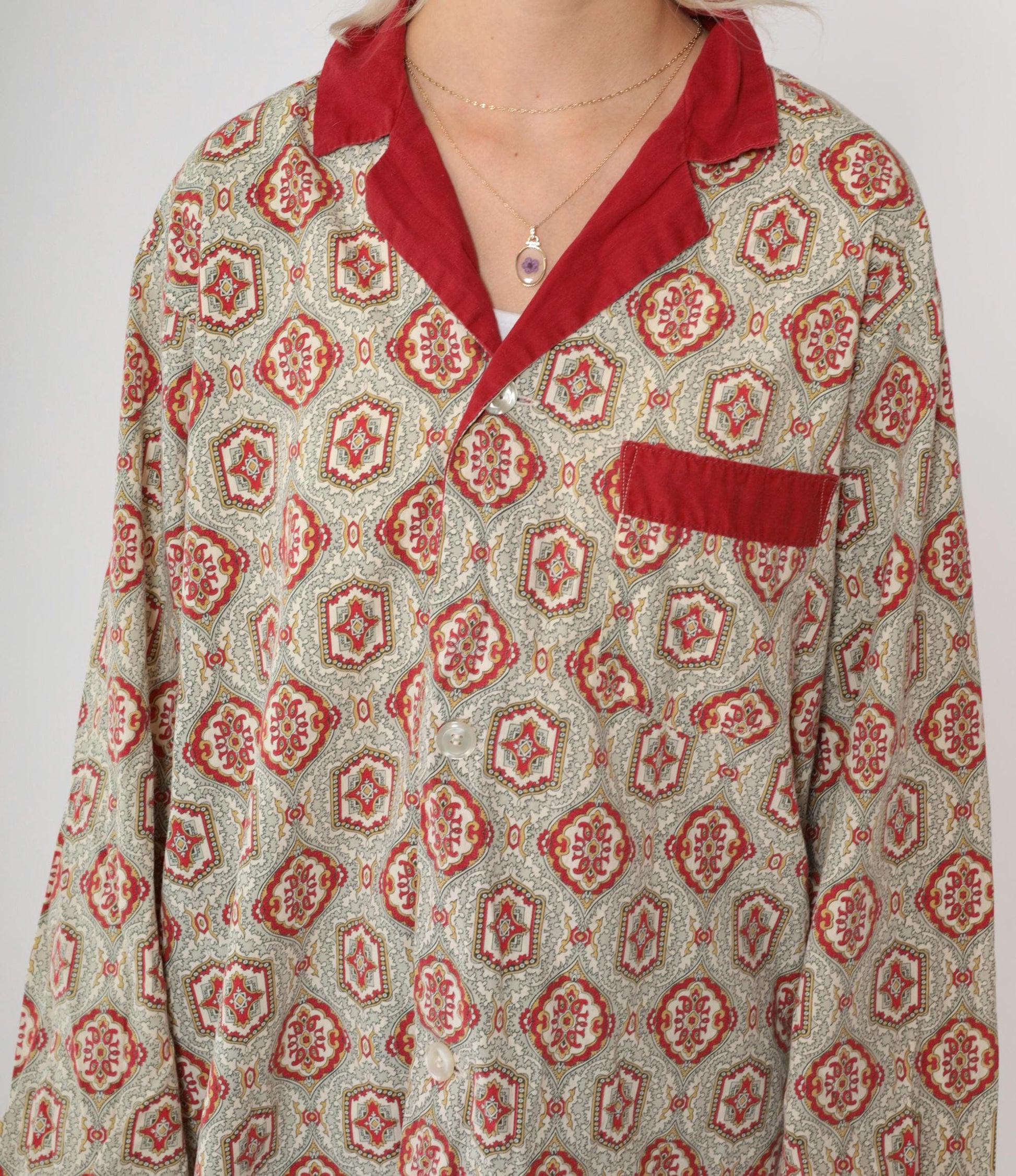 70s Towncraft Pajama Shirt Geometric Button Up Grey Red Medium