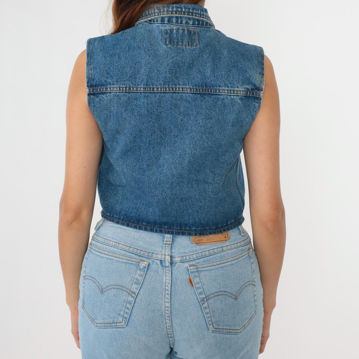90s Blue Denim Cropped Vest Sleeveless Button-Up Jean Top Medium