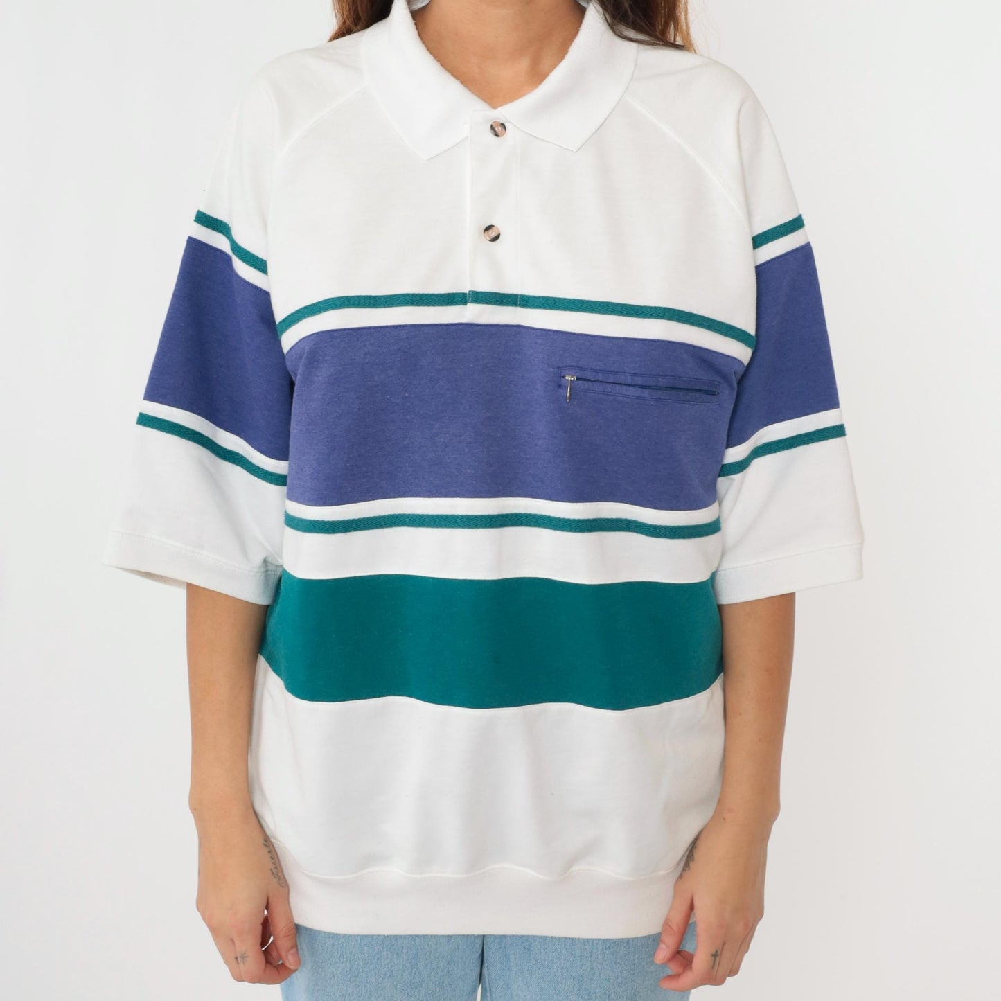 90s Jantzen Striped Polo Shirt White Blue Green Collared Short Sleeve Large L