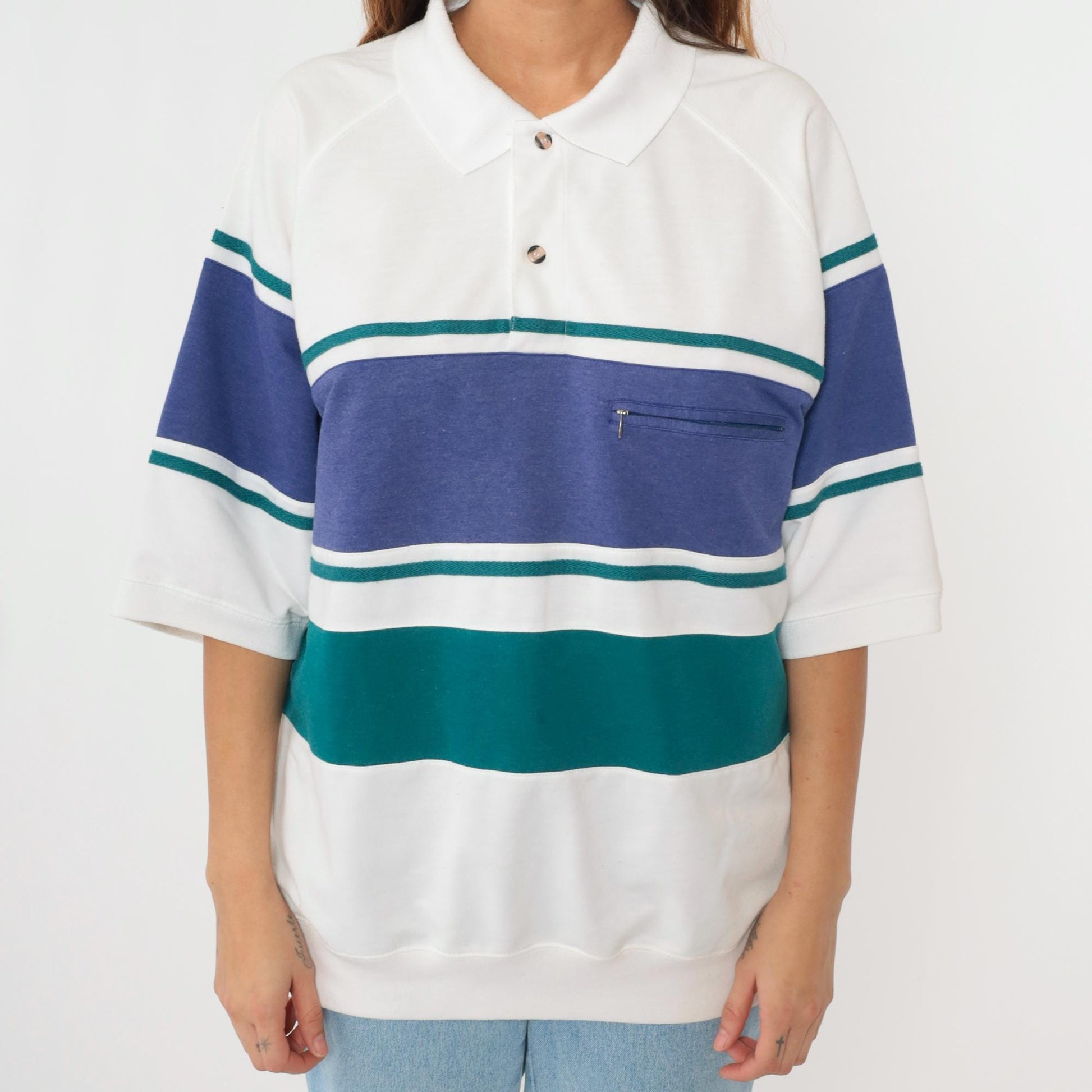 90s Jantzen Striped Polo Shirt White Blue Green Collared Short Sleeve Large L