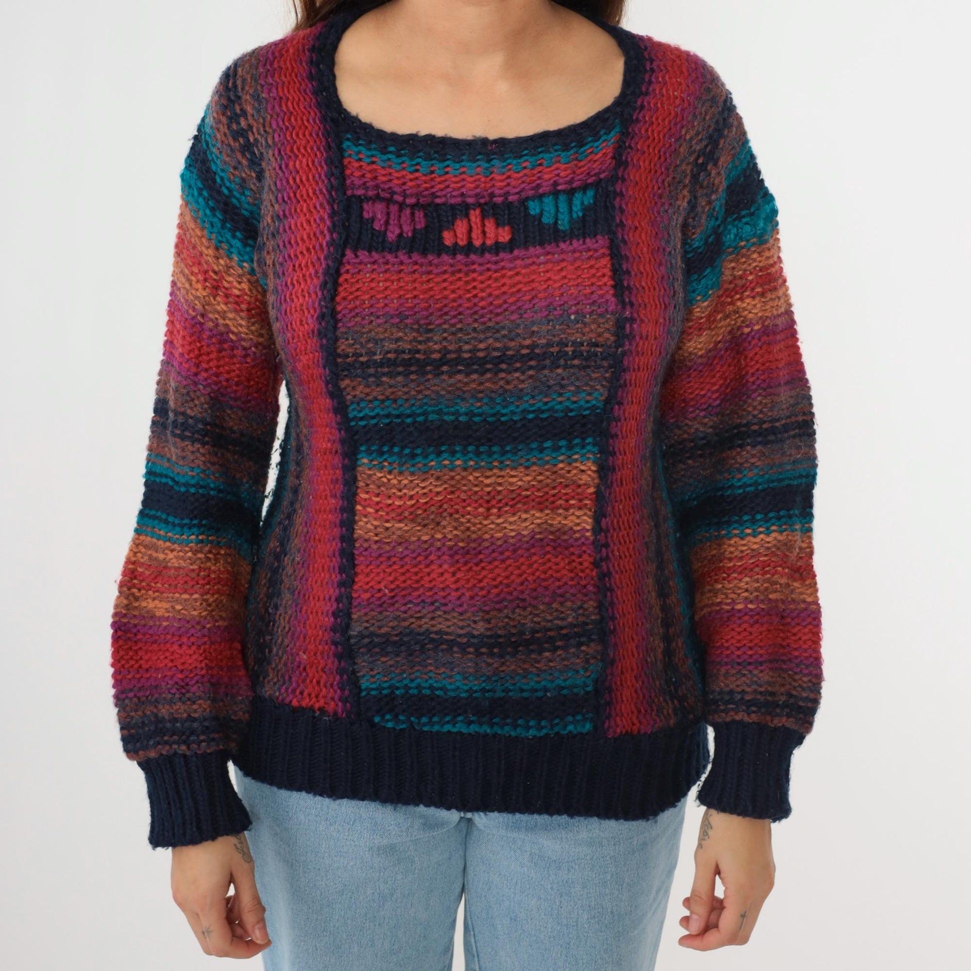 80s Striped Knit Sweater Rainbow Horizontal Stripes Balloon Sleeve Small