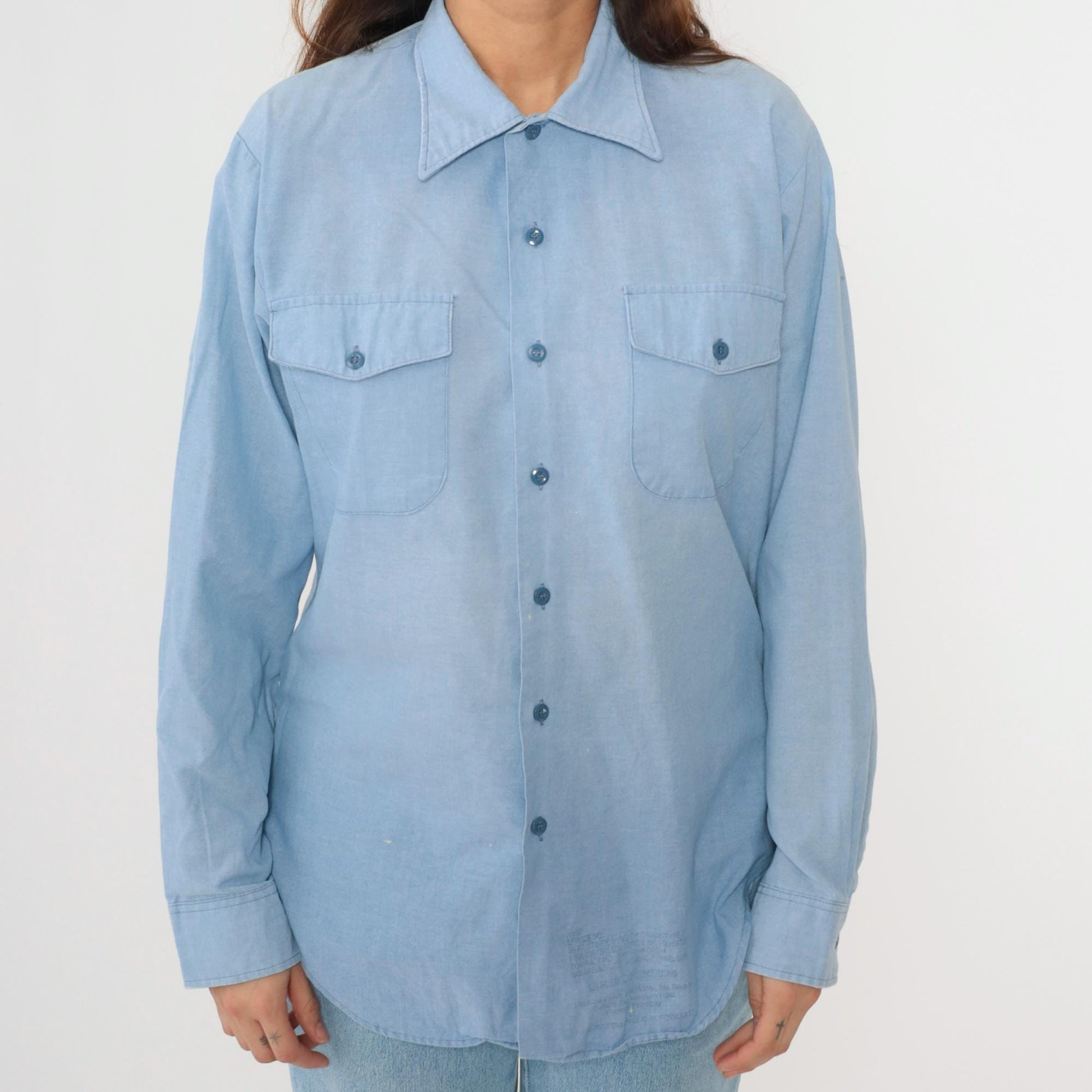 80s Blue Oxford Button-Up Shirt Paint Splatter Long Sleeve Large L