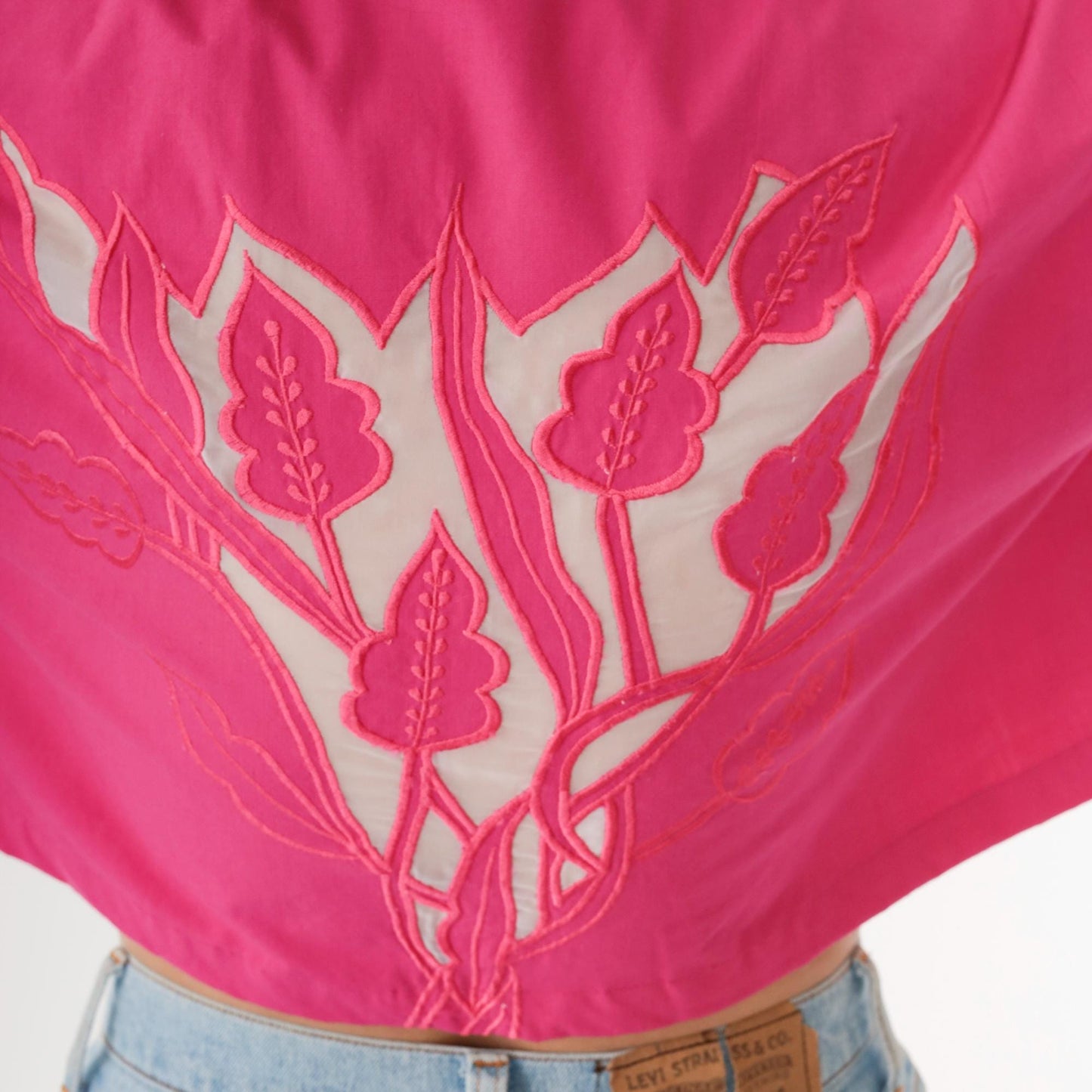 90s Pink Floral Embroidered Cutout Crop Blouse Button Up Medium Large