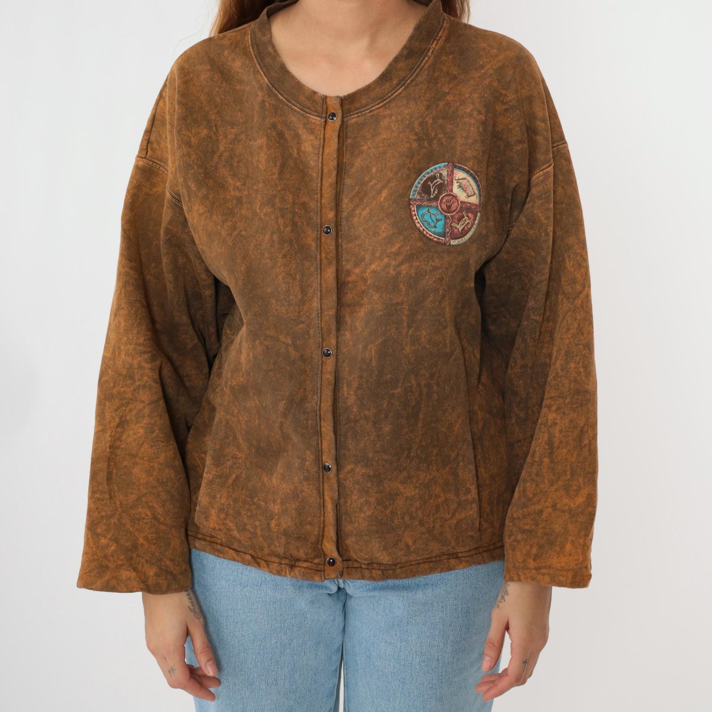 90s Stone Aged Rockwear Southwestern Cardigan Brown Animal Snap Shirt Medium Large