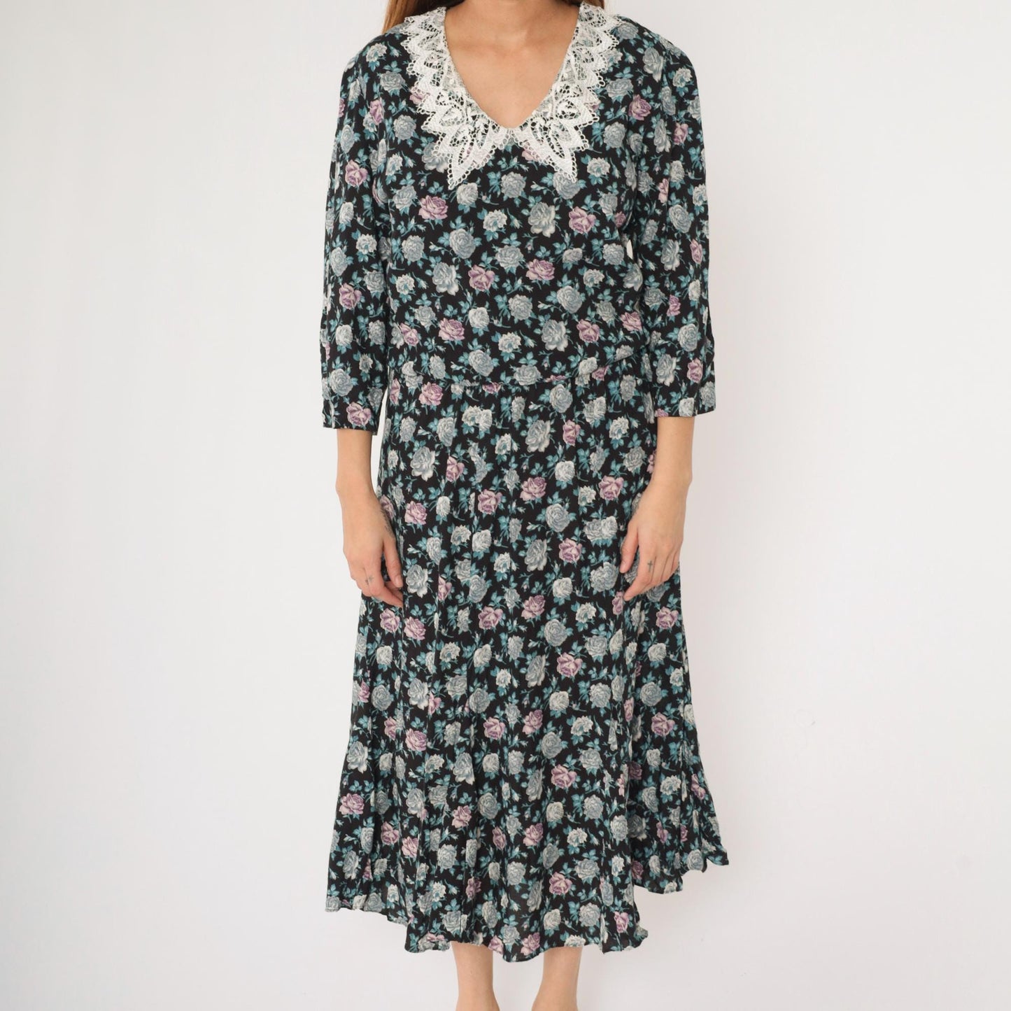 90s Starlo Fashions Floral Midi Dress Lace Collar Puff Sleeve Black Large