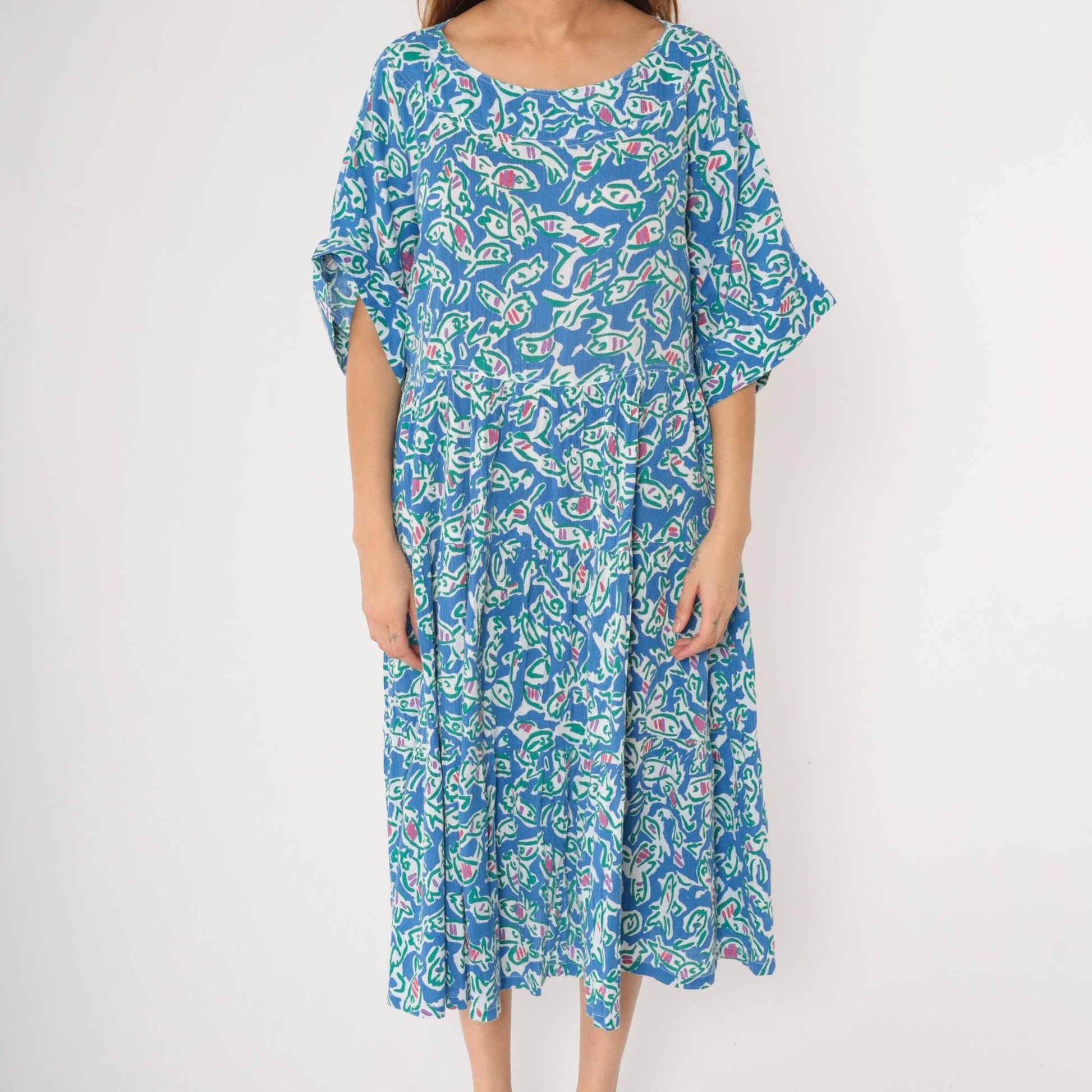 90s Fish Print Midi Dress Blue Abstract Cotton High Waist Half Sleeve Large L
