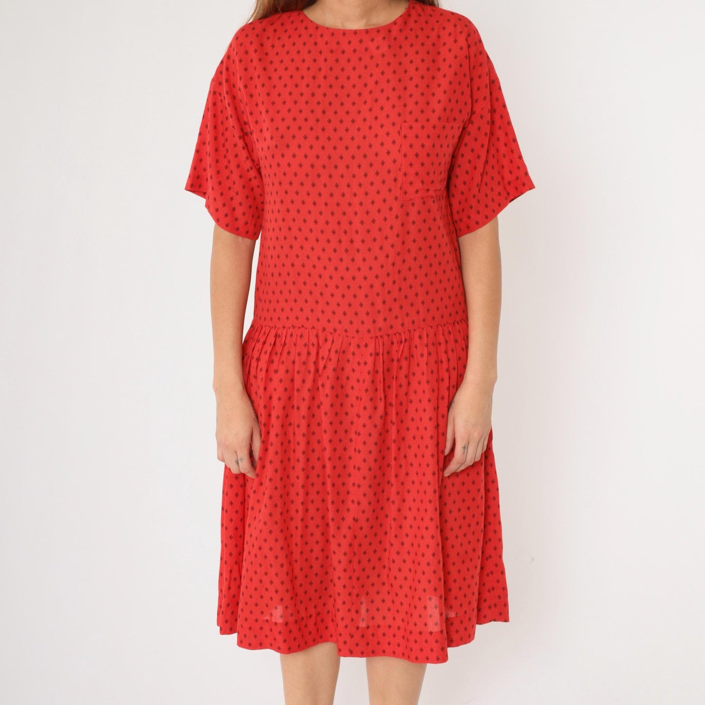 80s Geometric Diamond Print Midi Dress Red Drop Waist Short Sleeve Medium Large