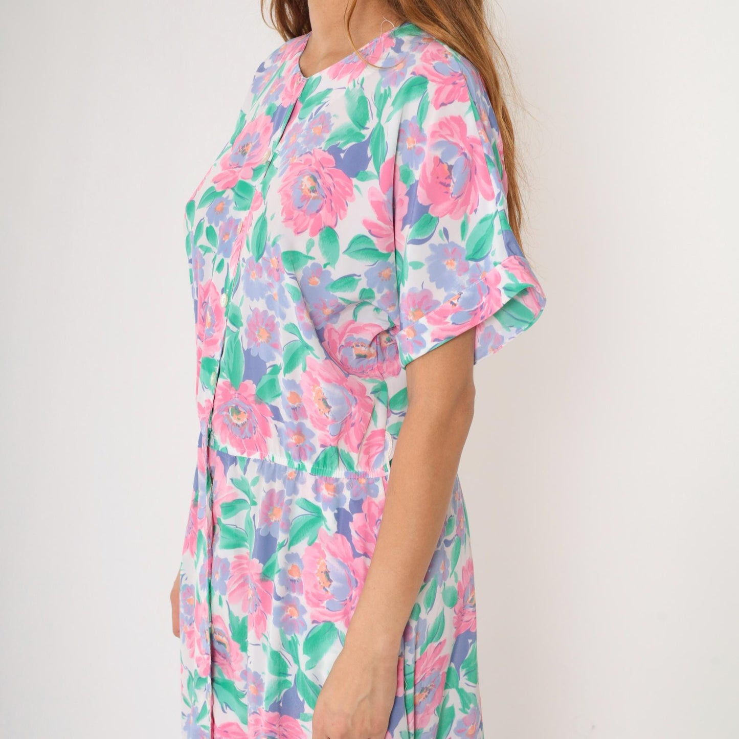80s Floral Midi Shirtdress Pink Purple Green Button-Up Short Sleeve Medium