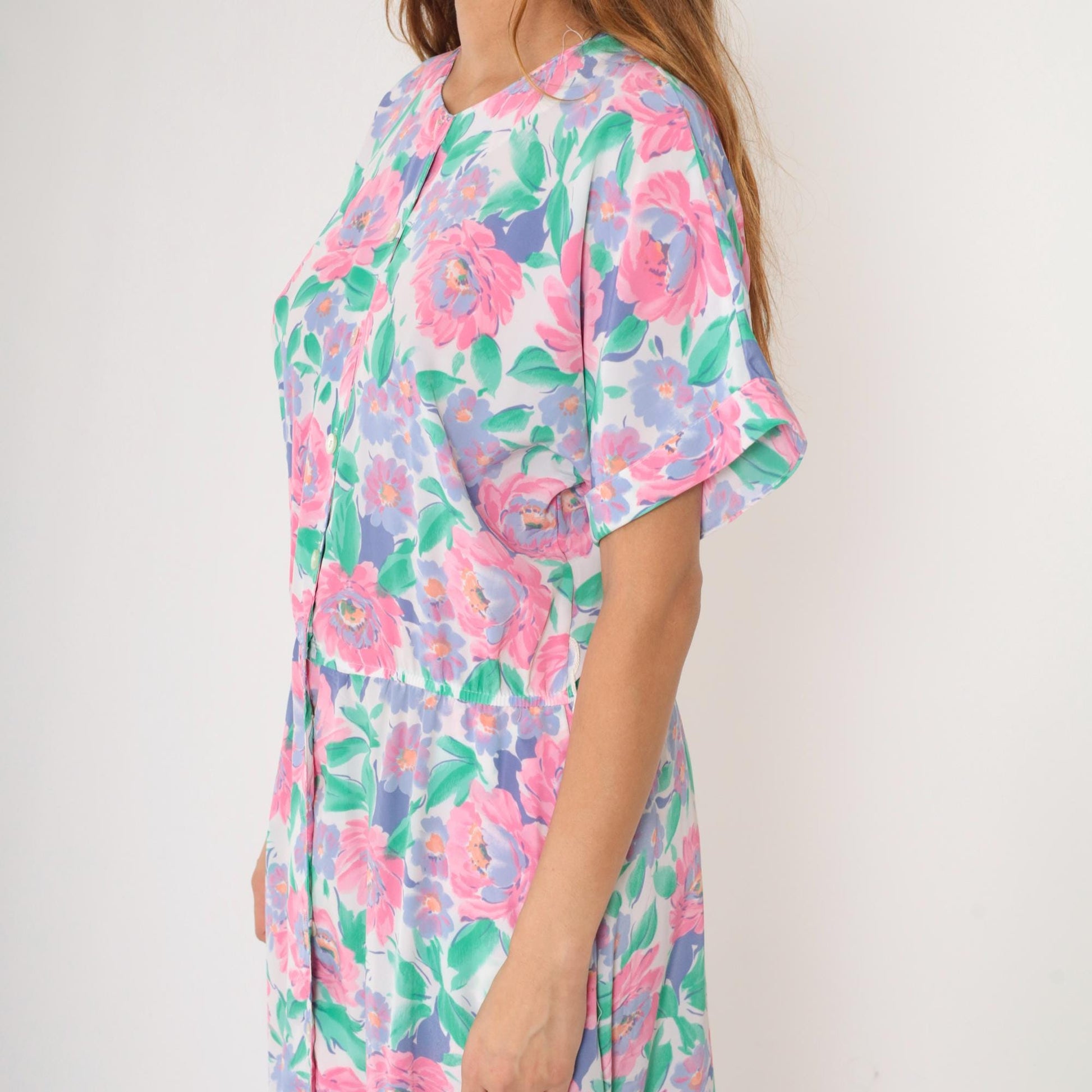 80s Floral Midi Shirtdress Pink Purple Green Button-Up Short Sleeve Medium