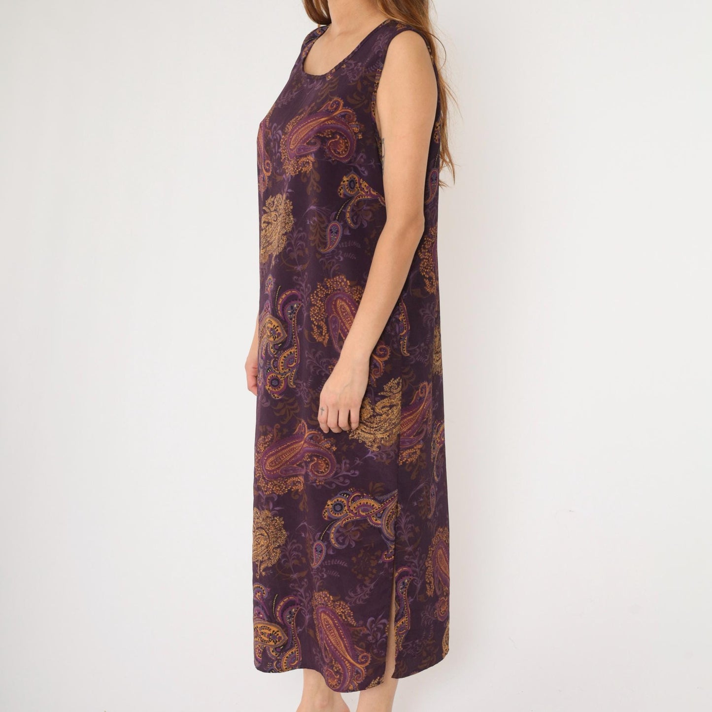 90s Purple Paisley Maxi Dress Sleeveless Scoop Neck Shift Large