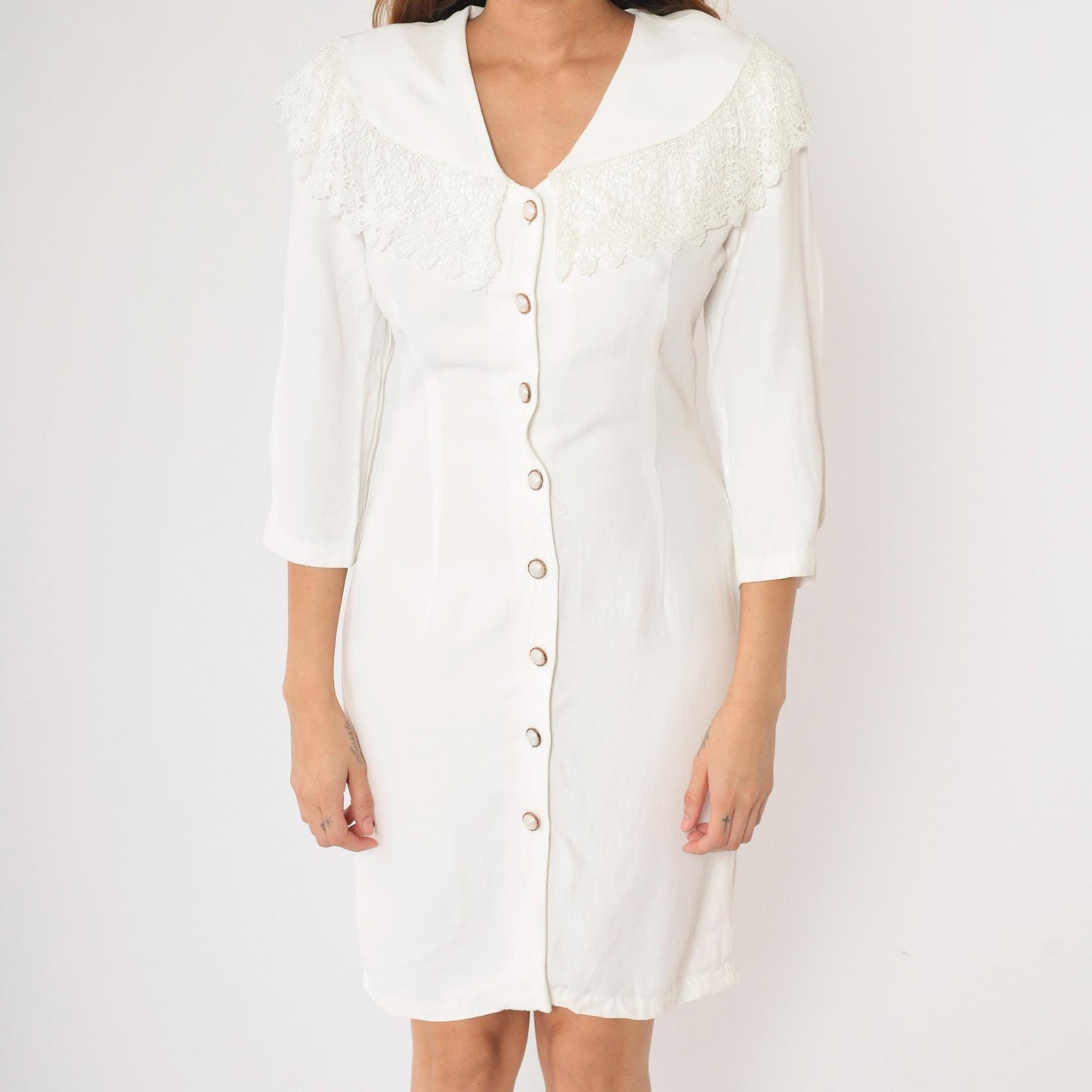 90s White Mini Dress Lace Collar Button-Up Sheath 3/4 Sleeve Medium