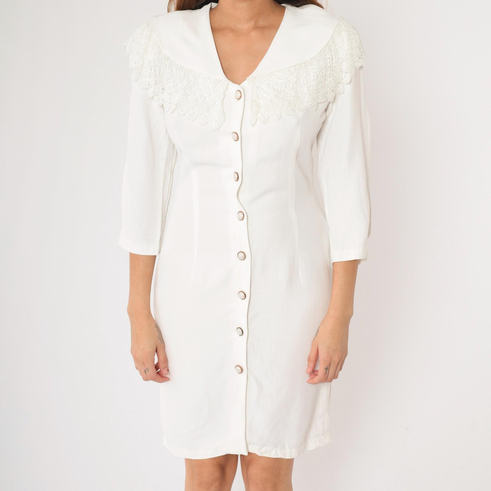 90s White Mini Dress Lace Collar Button-Up Sheath 3/4 Sleeve Medium