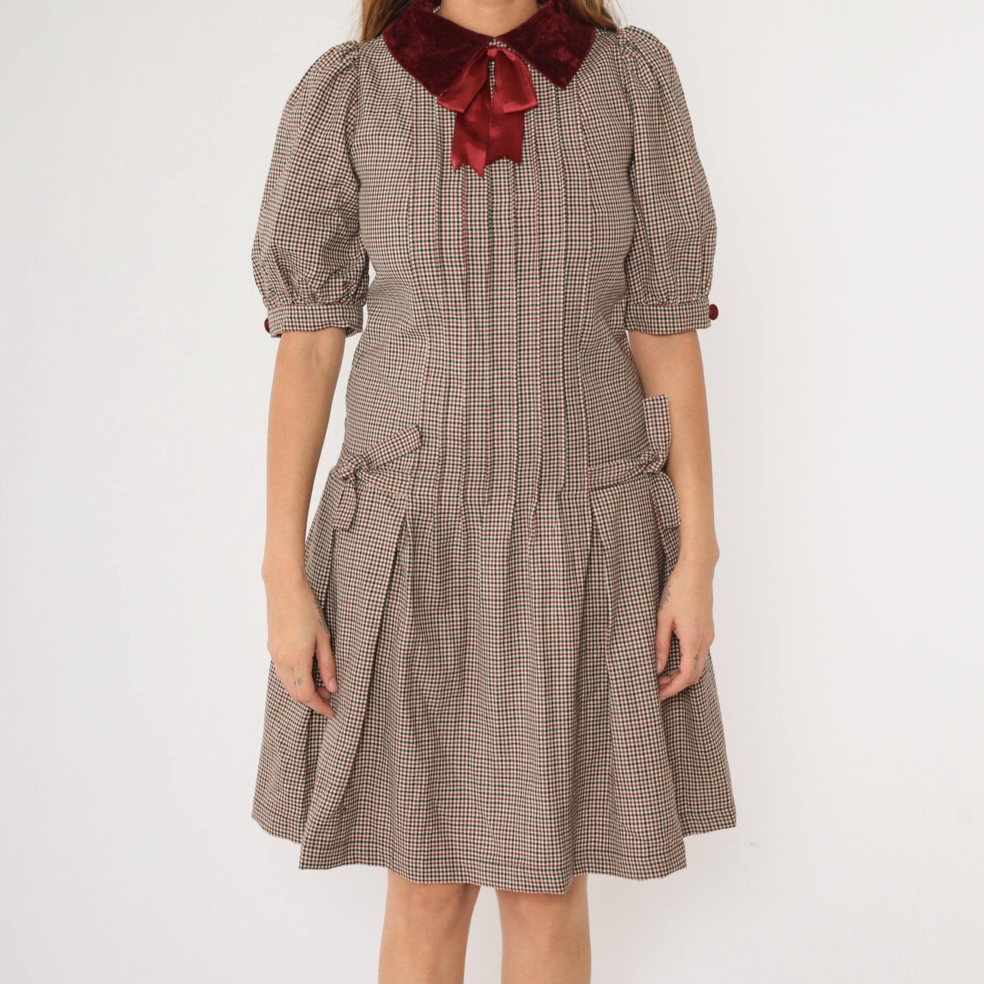 80s Bellville Sassoon Houndstooth Wool Dress Red Black Velvet Collar Knee Length Extra Small