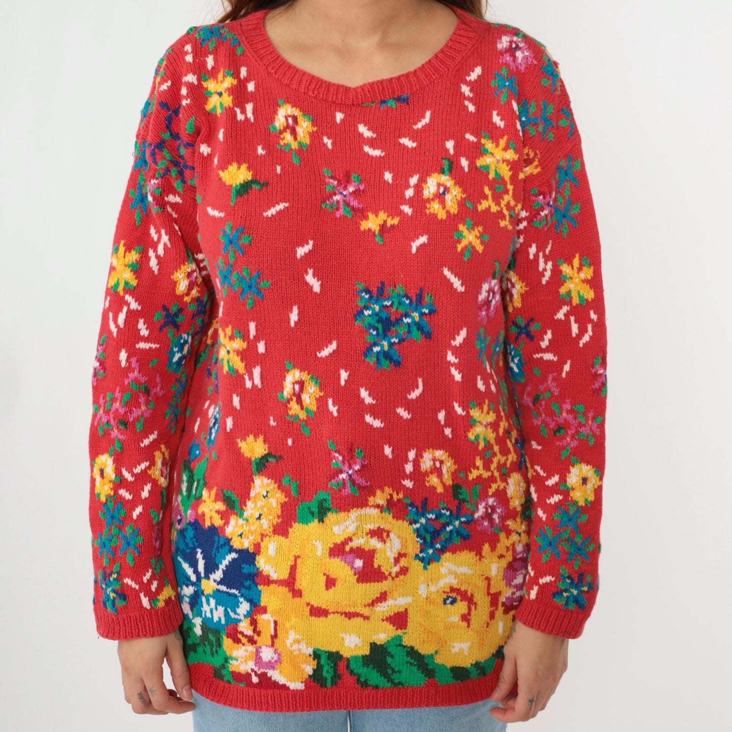 90s Adrienne Cittadini Red Floral Cotton Knit Sweater Crewneck Medium M