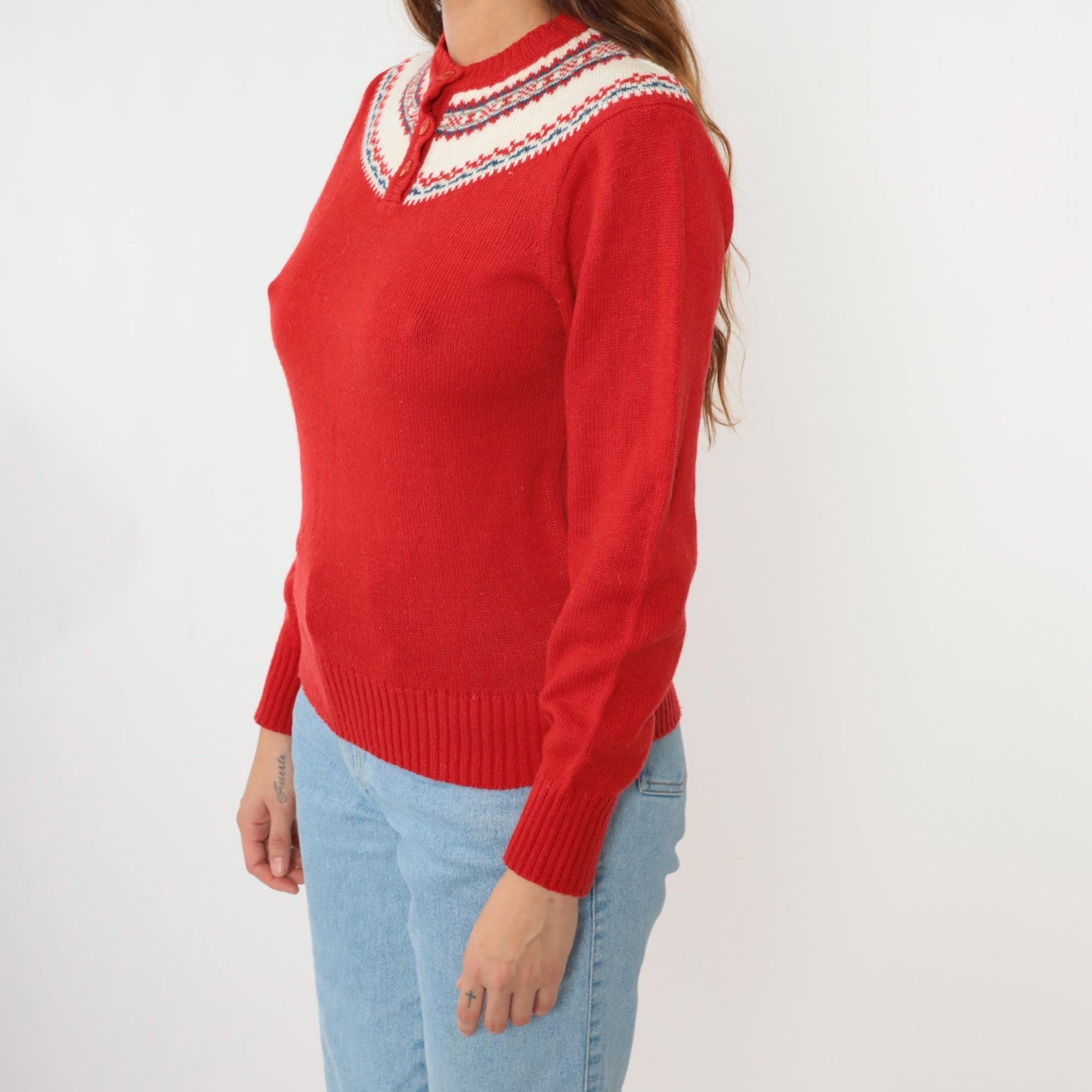 70s Icelandic Geometric Yoke Sweater Red Henley Knit Pullover Extra Small