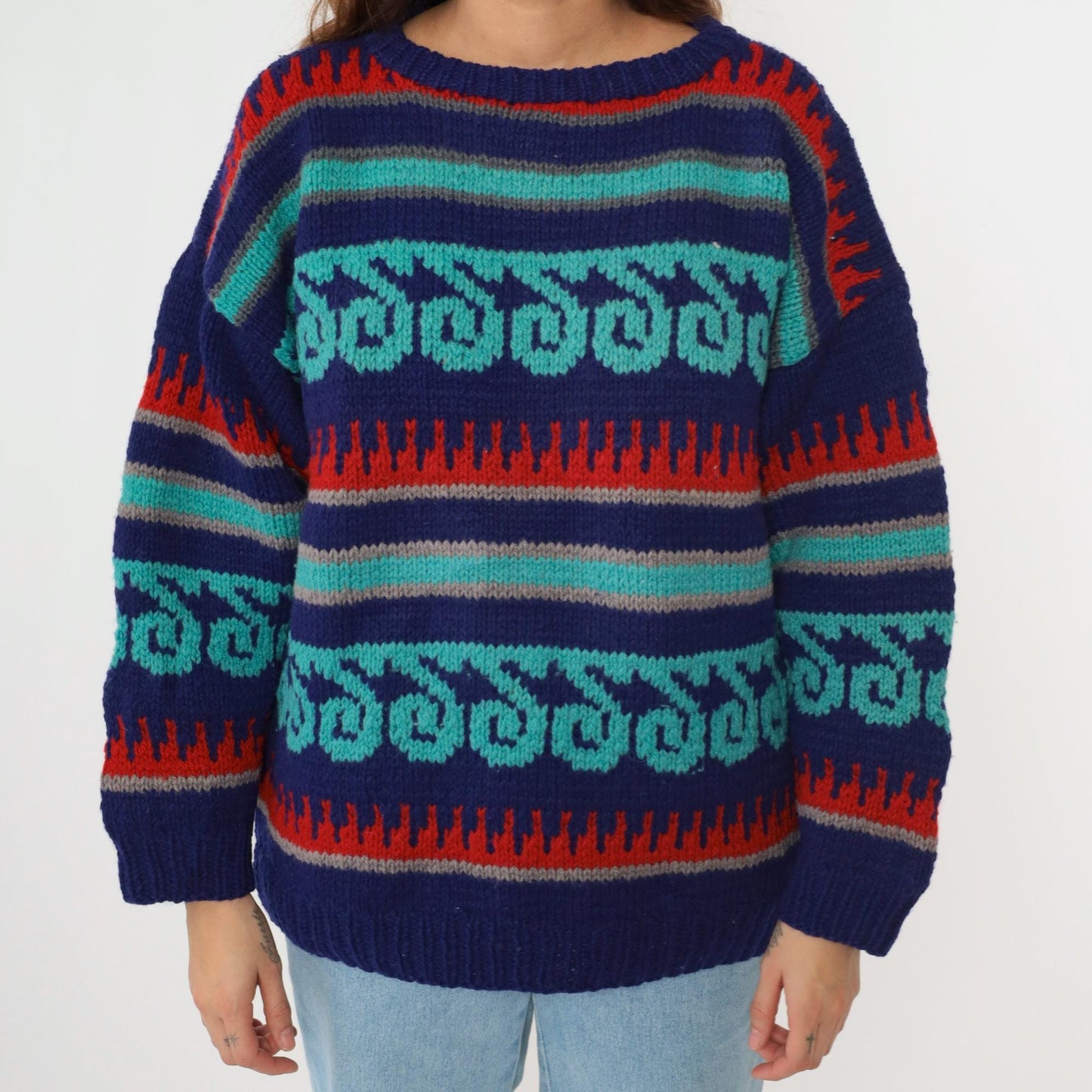 90s Geometric Wool Sweater Estonian Striped Crewneck Blue Turquoise Red Extra Large XL