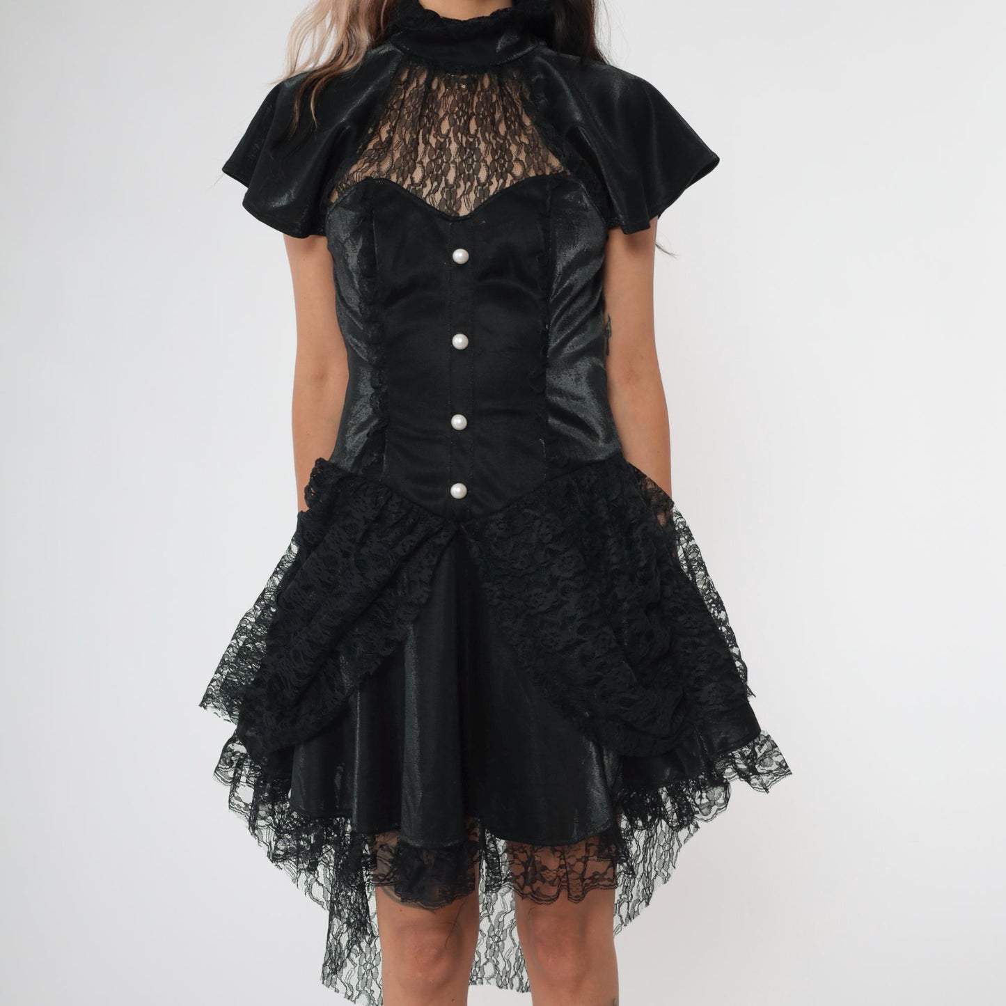 Y2K Black Lace Corset Dress Sweetheart Neckline Asymmetrical Mini Small S