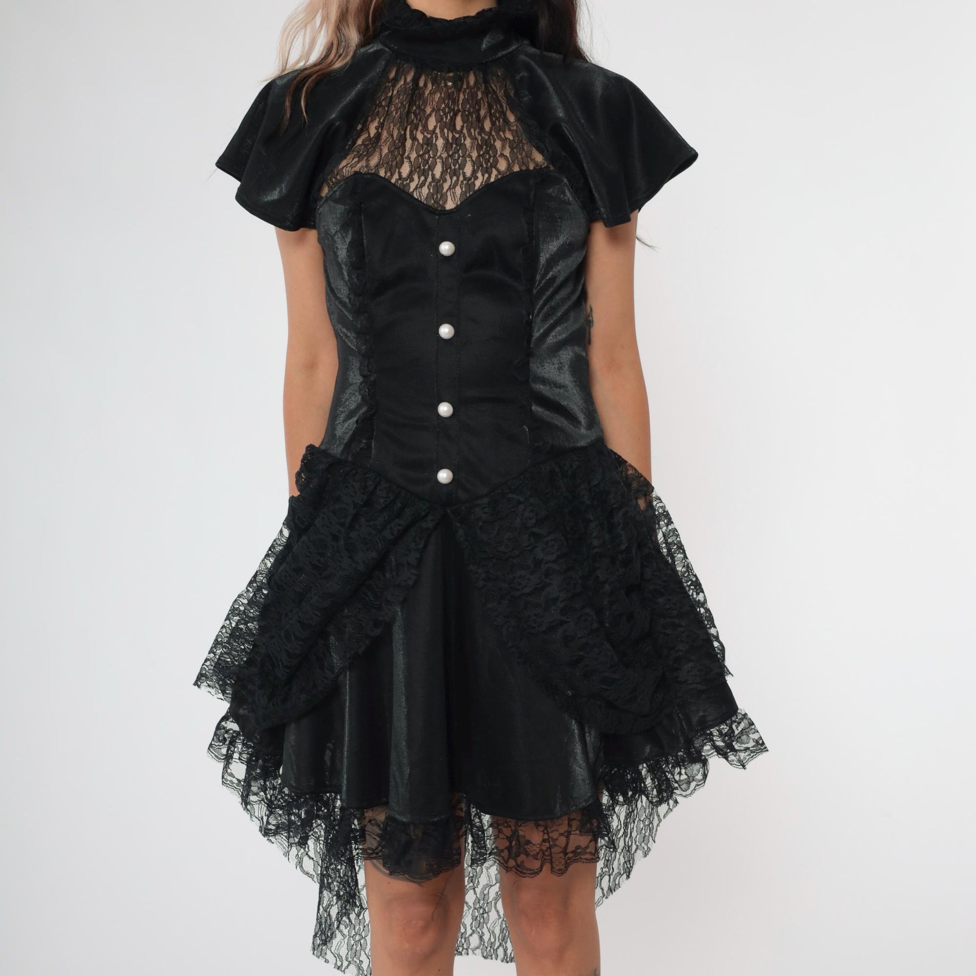 Y2K Black Lace Corset Dress Sweetheart Neckline Asymmetrical Mini Small S