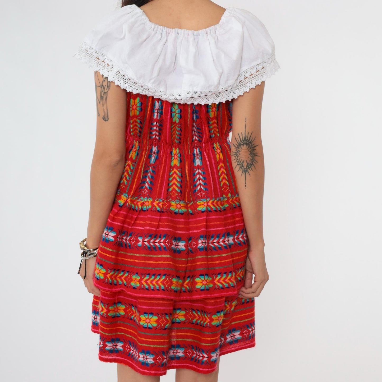 90s Red Mexican Embroidered Mini Dress Off-Shoulder Elastic Waist Small