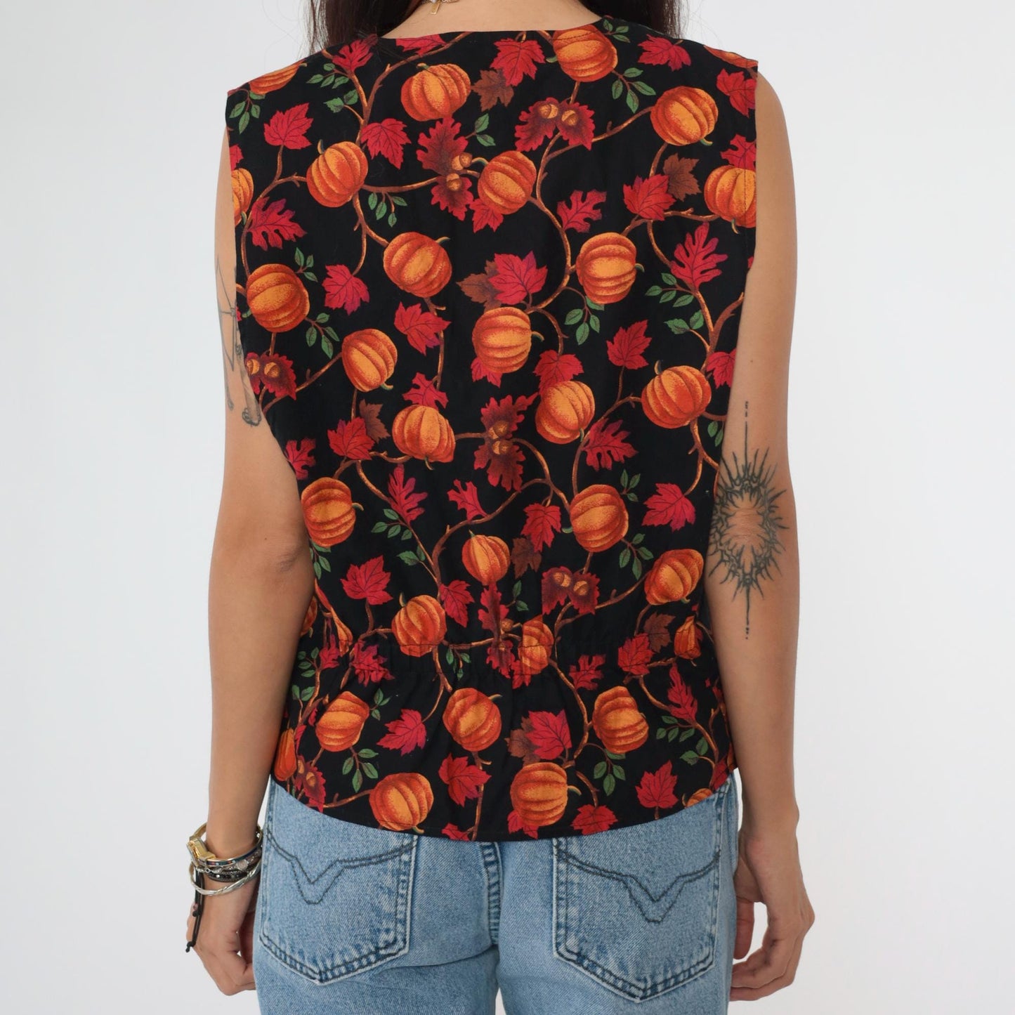 90s Talbots Pumpkin Acorn Leaf Vest Orange Black V-Neck Button-Up Medium