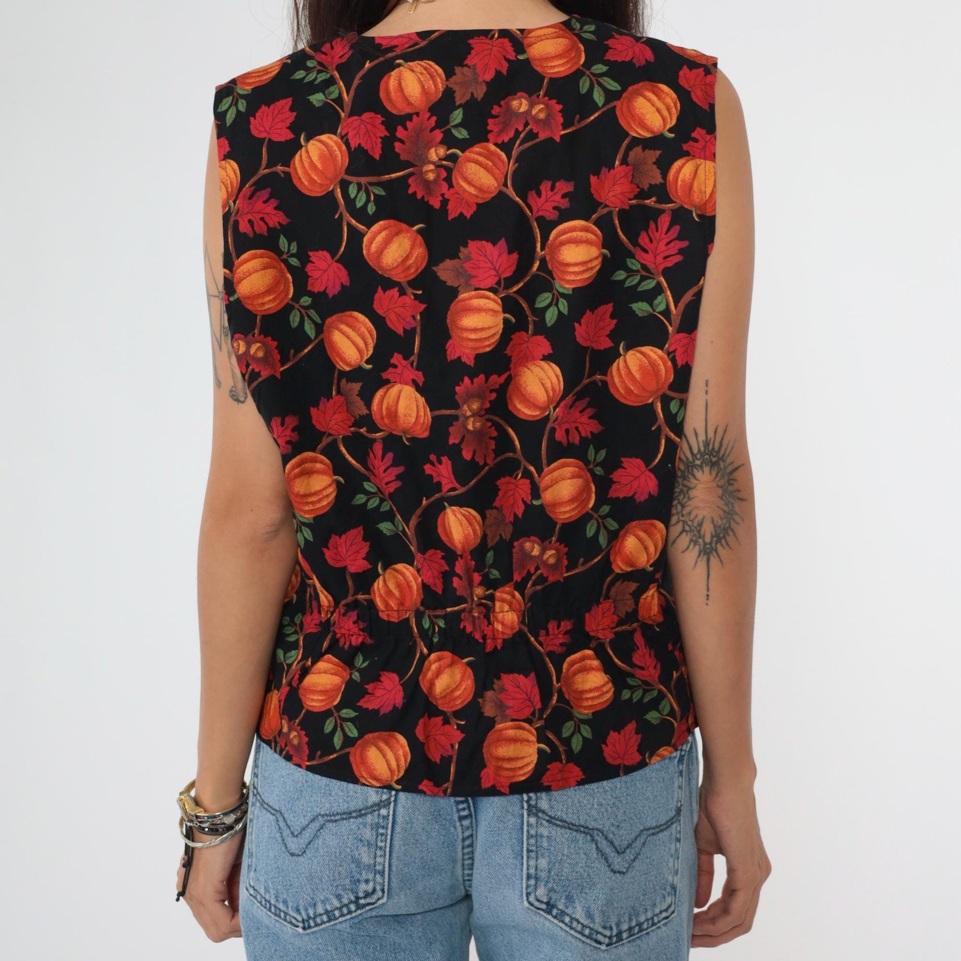 90s Talbots Pumpkin Acorn Leaf Vest Orange Black V-Neck Button-Up Medium