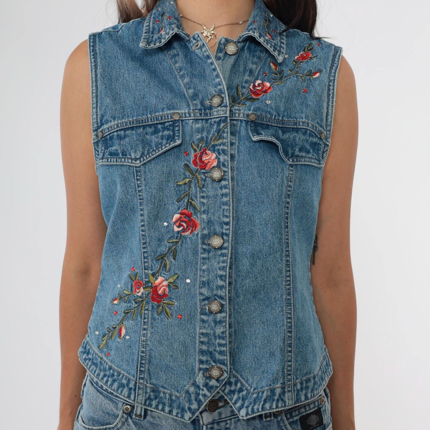 90s Bill Blass Floral Embroidered Denim Vest Blue Rhinestone Medium