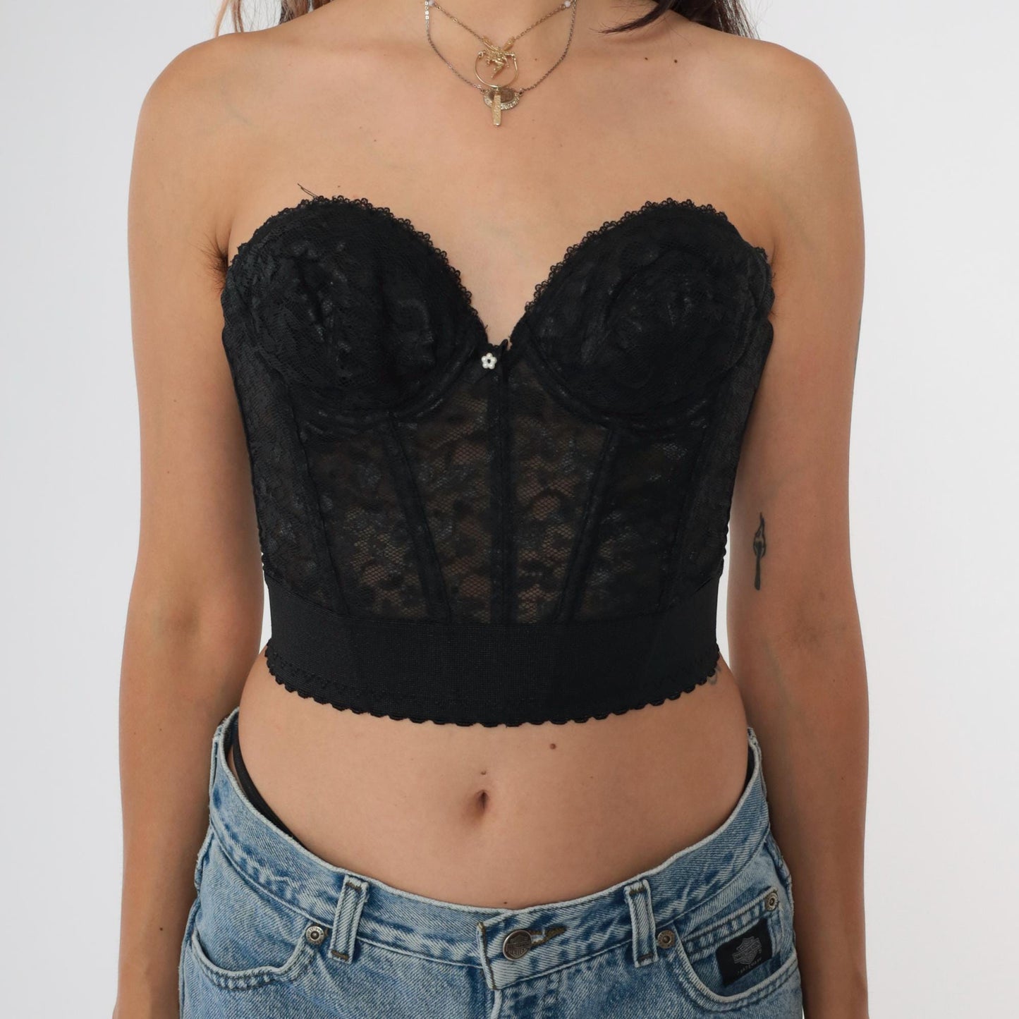 80s Black Lace Bustier Corset Boned Strapless Sweetheart Neckline 34A
