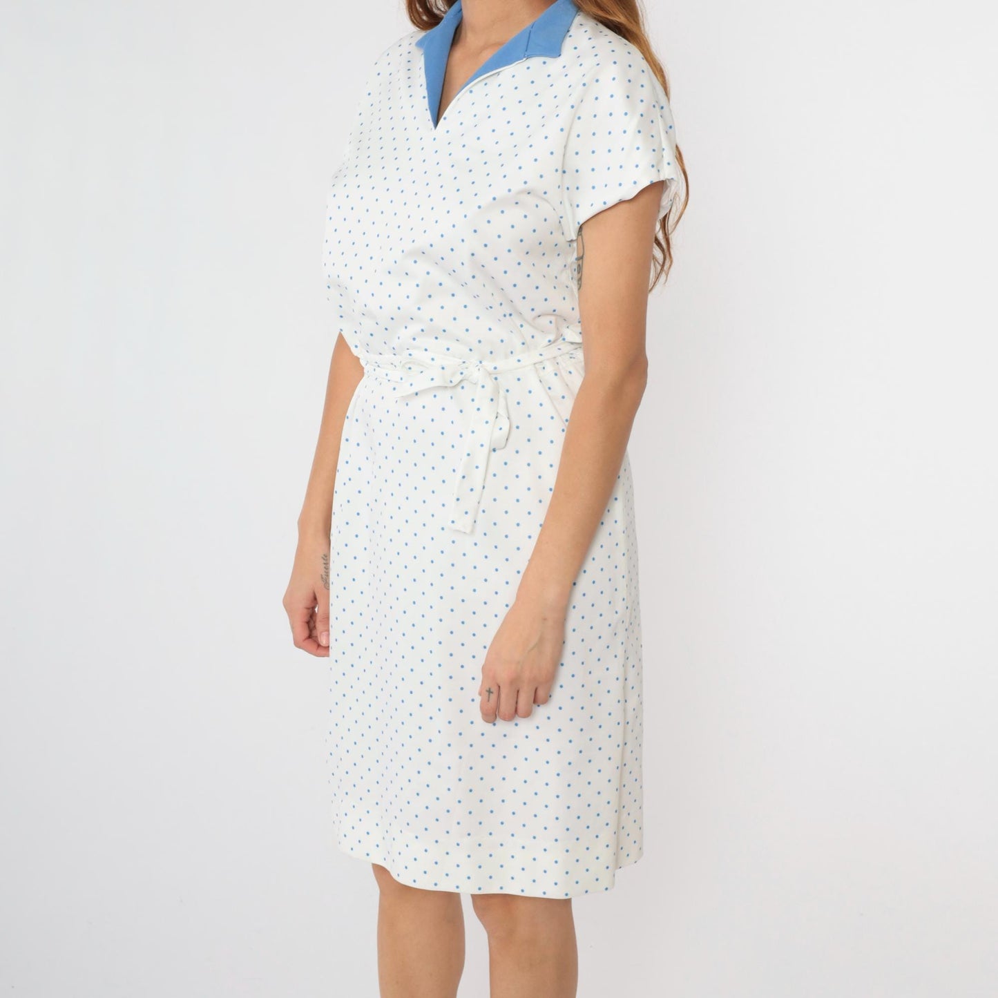 70s White Polka Dot Midi Dress V-Neck High Waist Cap Sleeve Medium Large
