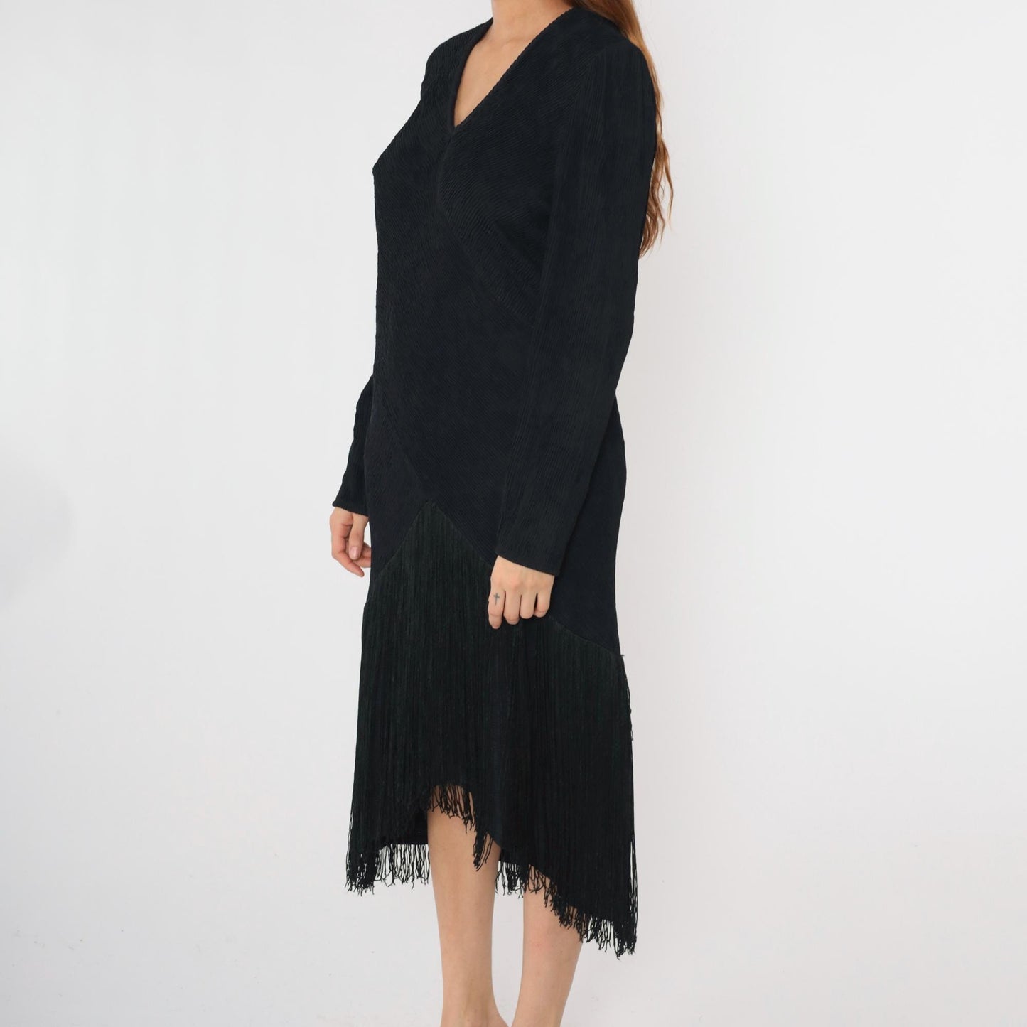 80s Black Fringe Midi Dress V-Neck Long Sleeve Ribbed Sheath Large L