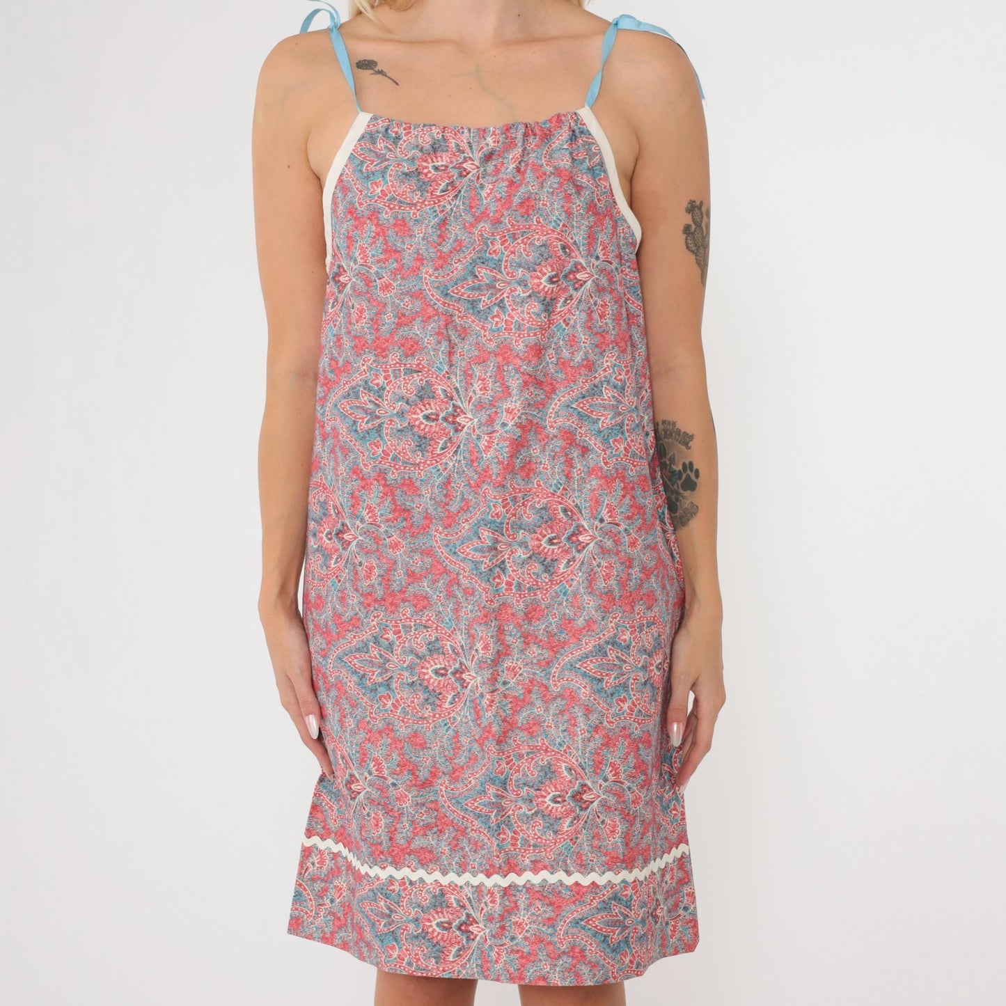70s Paisley Geometric Shift Dress Red Blue Spaghetti Strap Small
