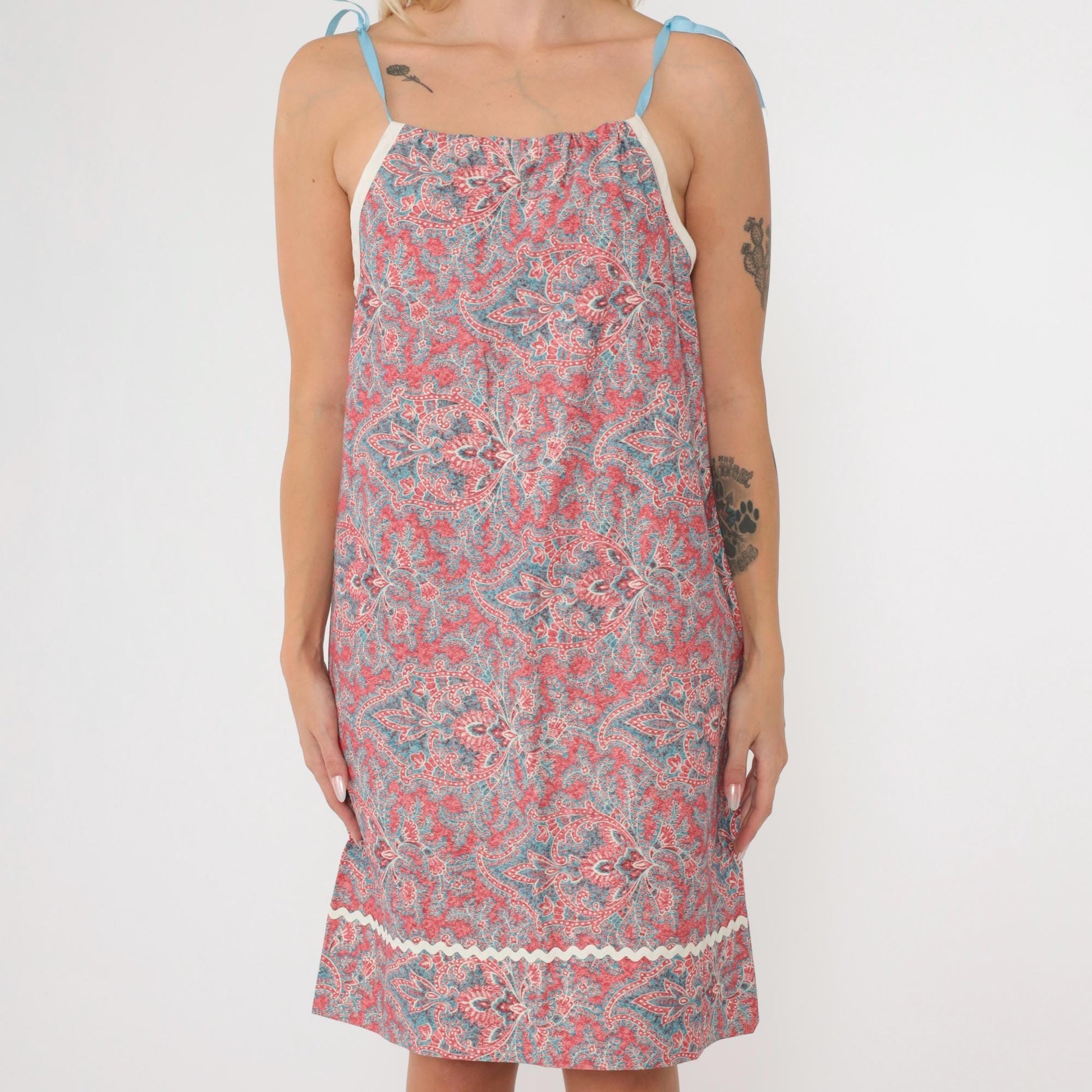 70s Paisley Geometric Shift Dress Red Blue Spaghetti Strap Small
