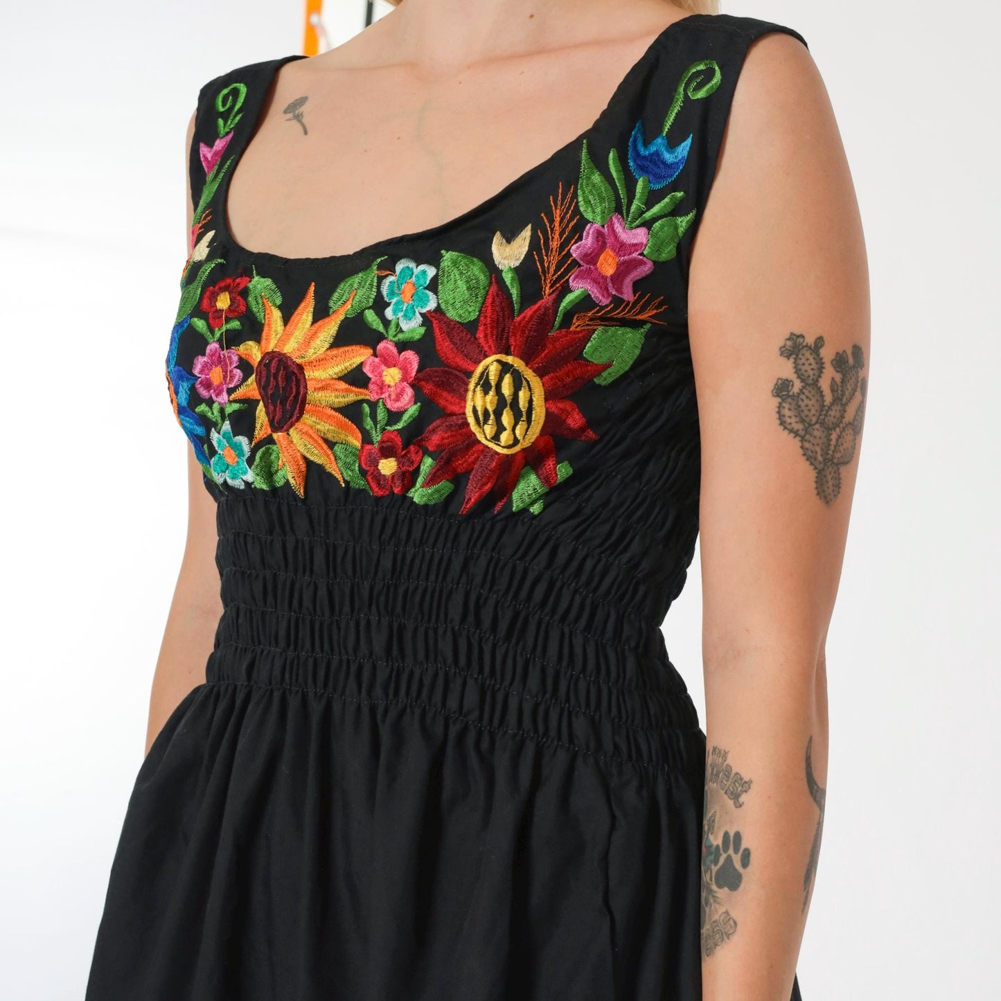90s Black Floral Embroidered Smocked Mini Dress Sleeveless Small Medium