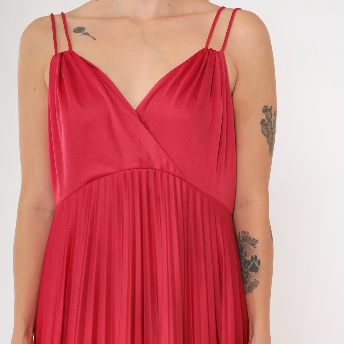 70s Raspberry Red Maxi Dress Deep V Neck Pleated Empire Waist Large