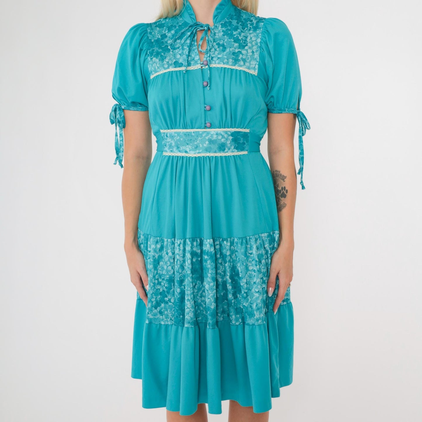 70s Turquoise Floral Puff Sleeve Midi Dress High Waist Tiered Small S