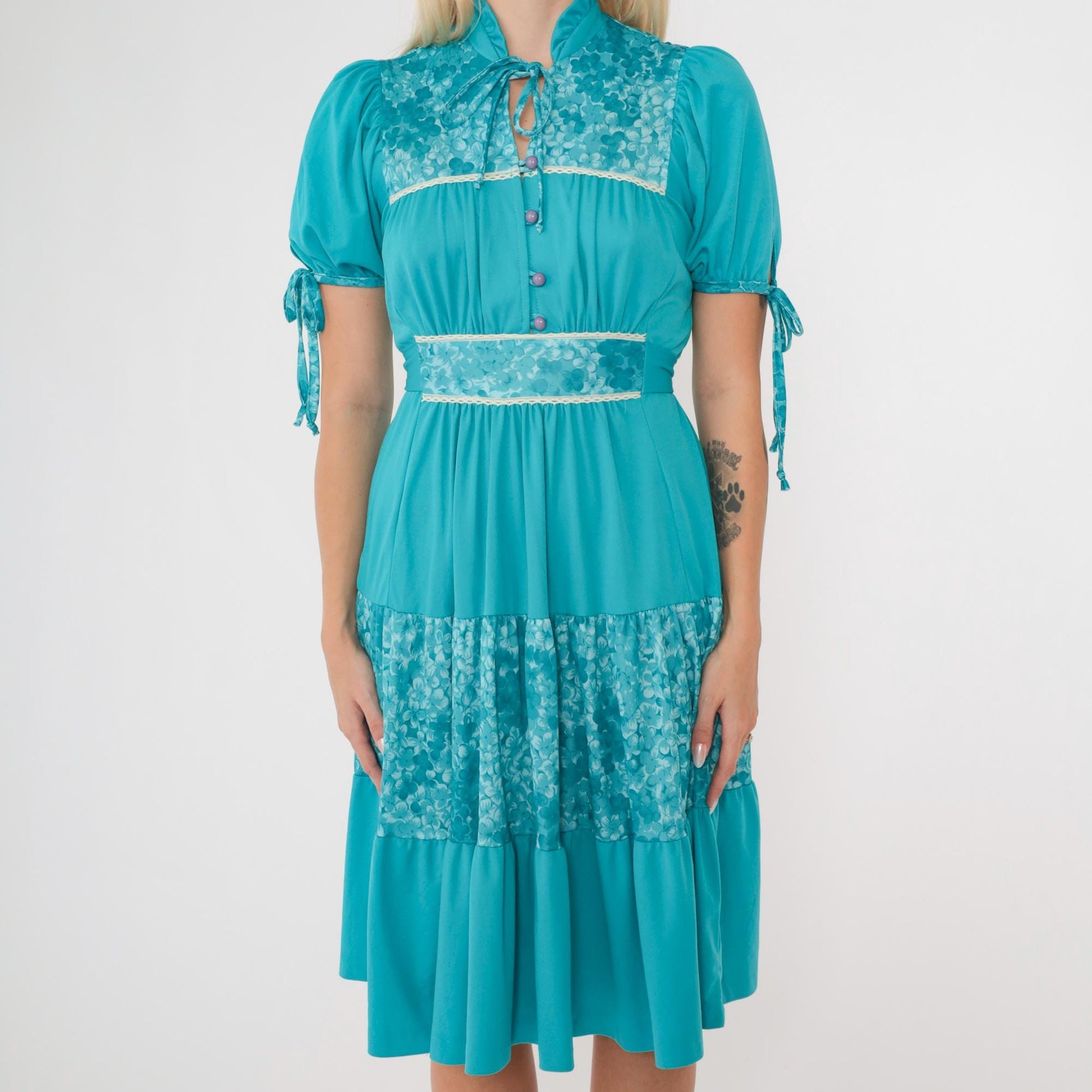 70s Turquoise Floral Puff Sleeve Midi Dress High Waist Tiered Small S
