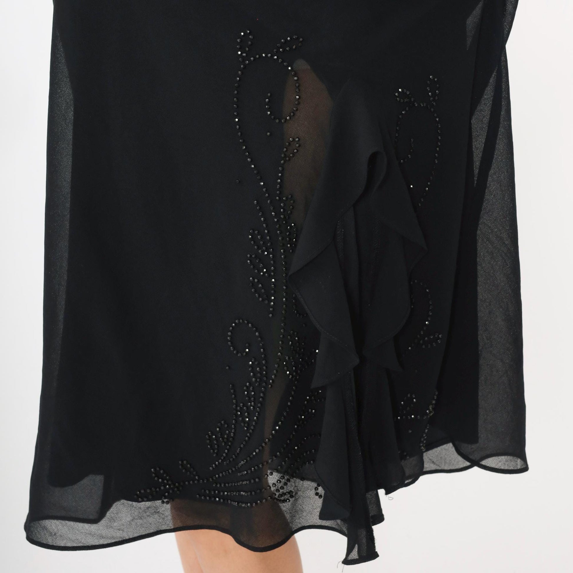 90s R & M Richards Black Chiffon Beaded Maxi Dress V-Neck Medium