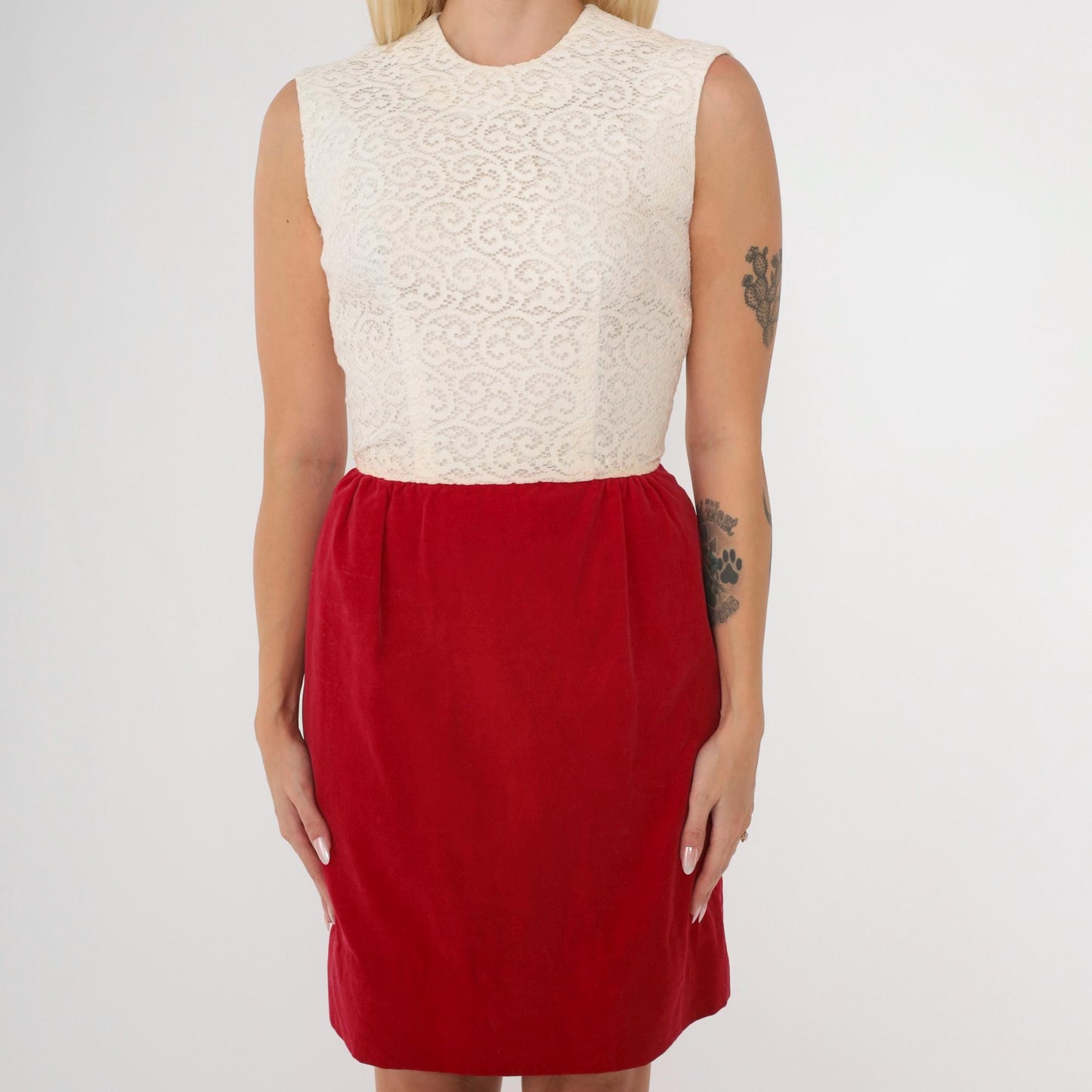 1960s Red Velvet White Lace Mini Dress Sleeveless High Waist Extra Small