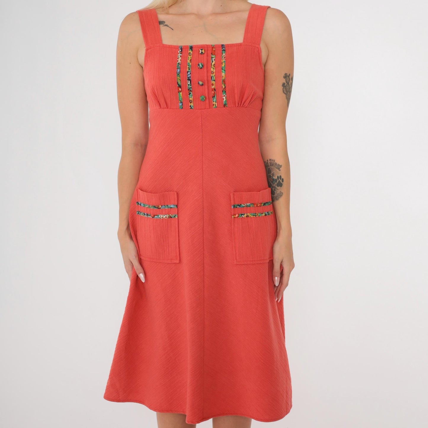 70s Coral Floral Empire Waist Midi Dress Sleeveless Cotton Blend Extra Small