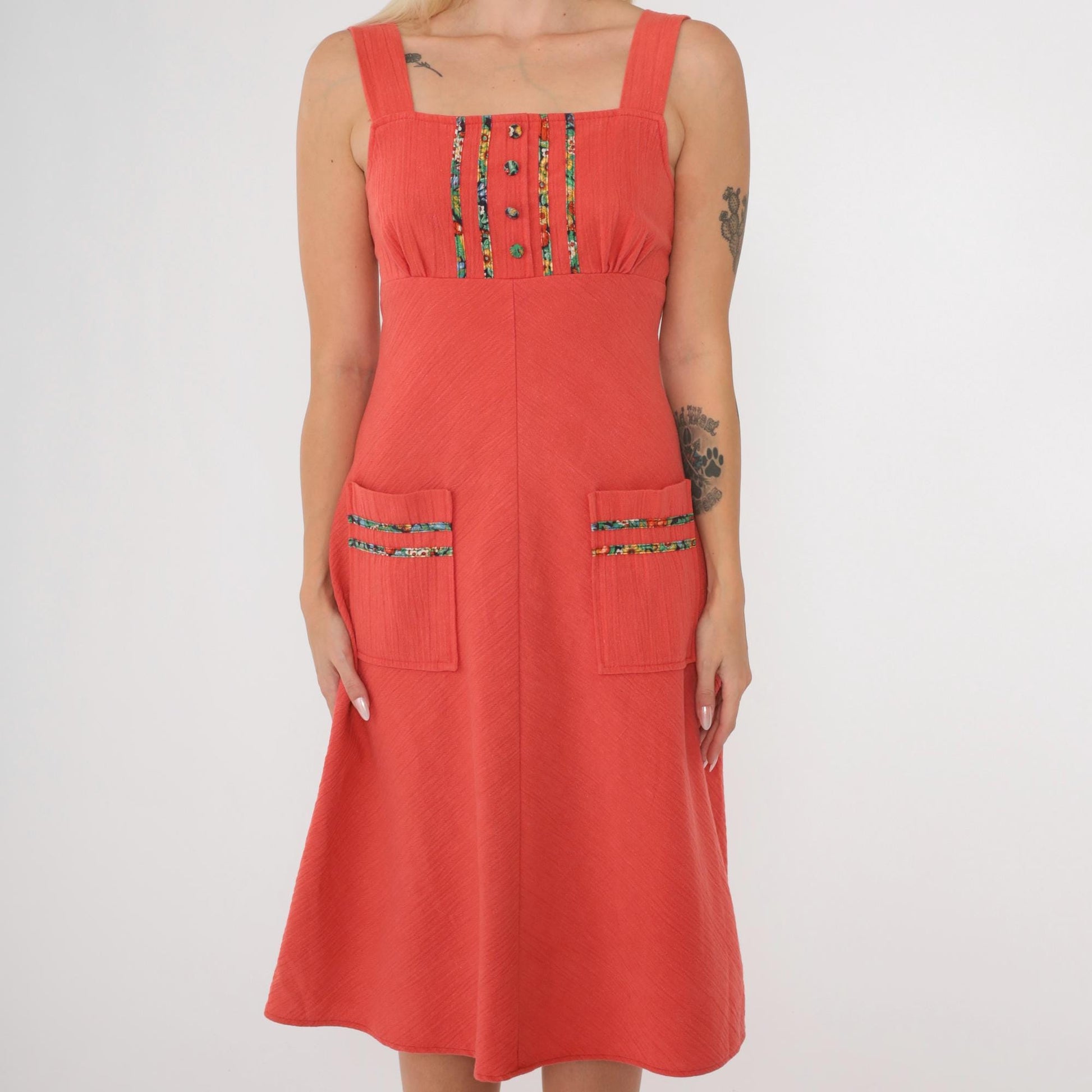 70s Coral Floral Empire Waist Midi Dress Sleeveless Cotton Blend Extra Small