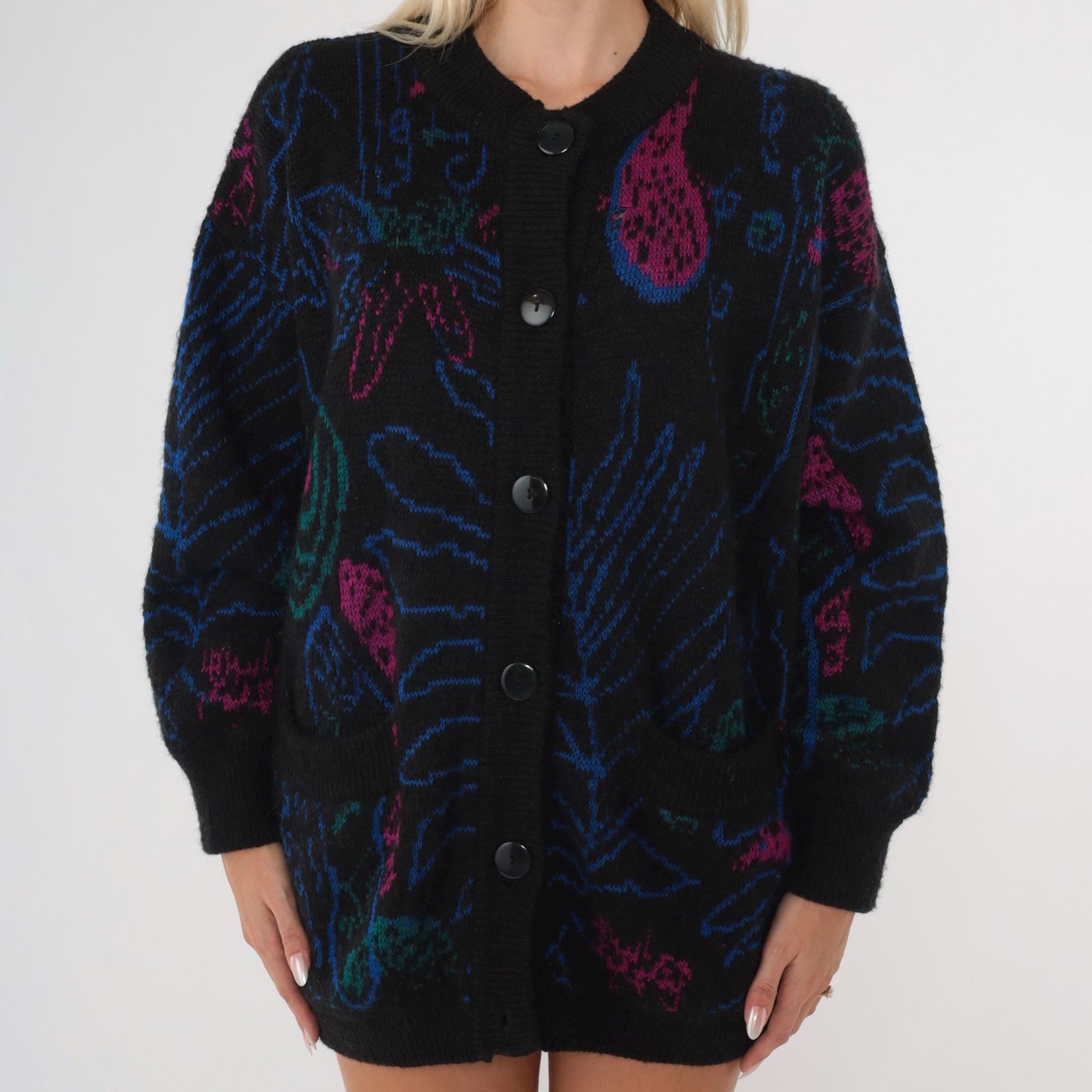 80s Paisley Cardigan Sweater Black Floral Abstract Wool Blend Button Up Medium