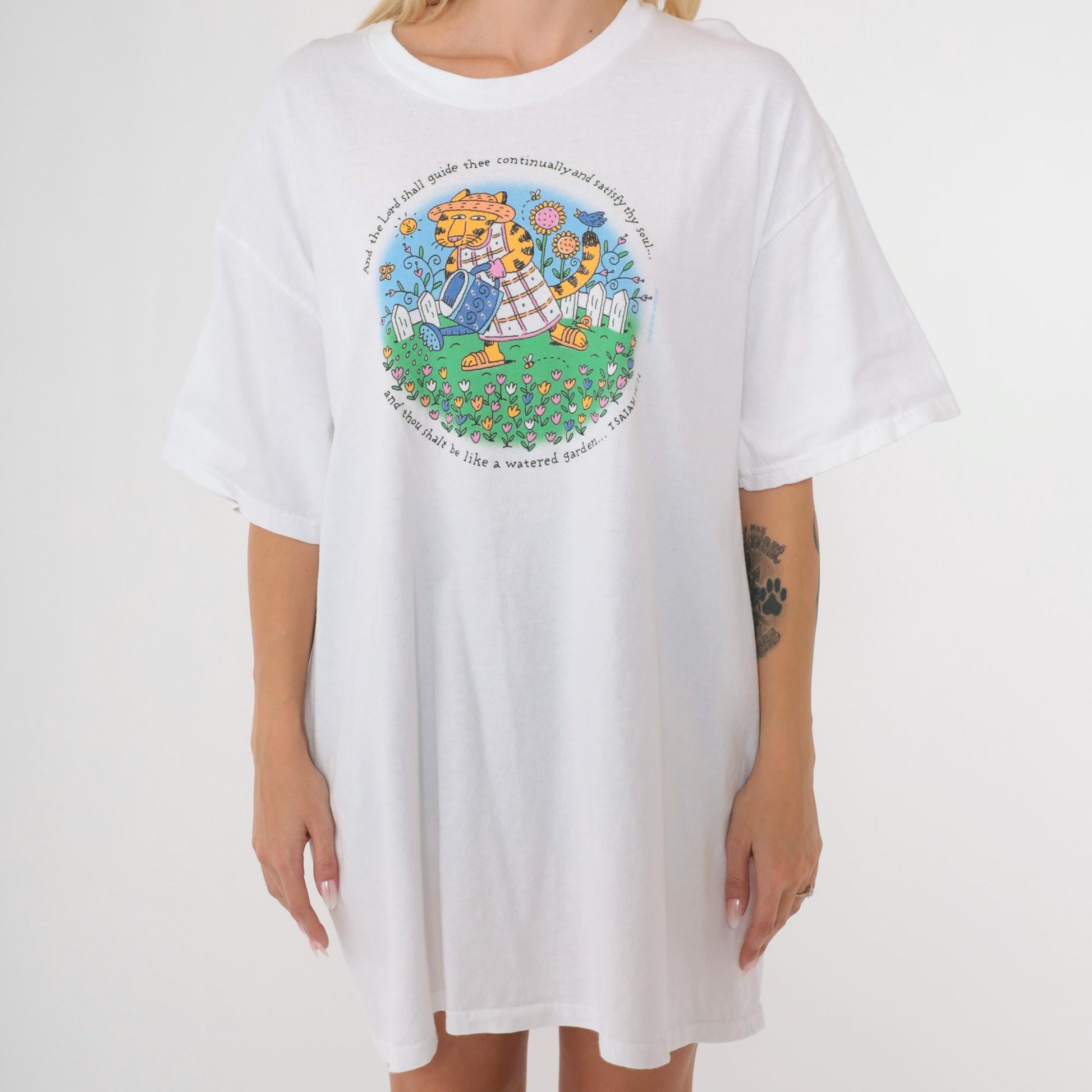 90s Christian T-Shirt Cat Watering Flowers Isaiah 58:11 Graphic Tee Extra Large XL