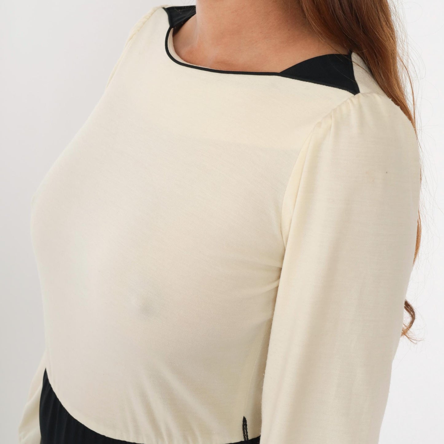 70s Color Block Dress Cream Black Boatneck Puff Sleeve Midi Extra Small