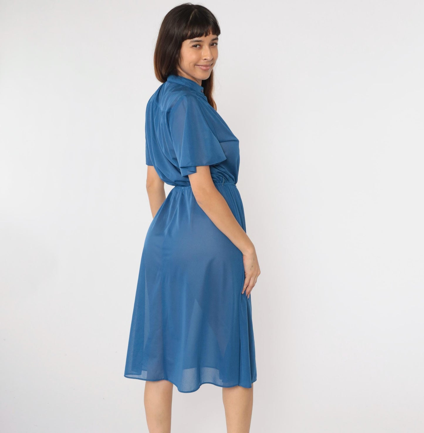 70s Blue Semi-Sheer Midi Shirtdress Flutter Sleeve Button-Up High Waisted Small Medium