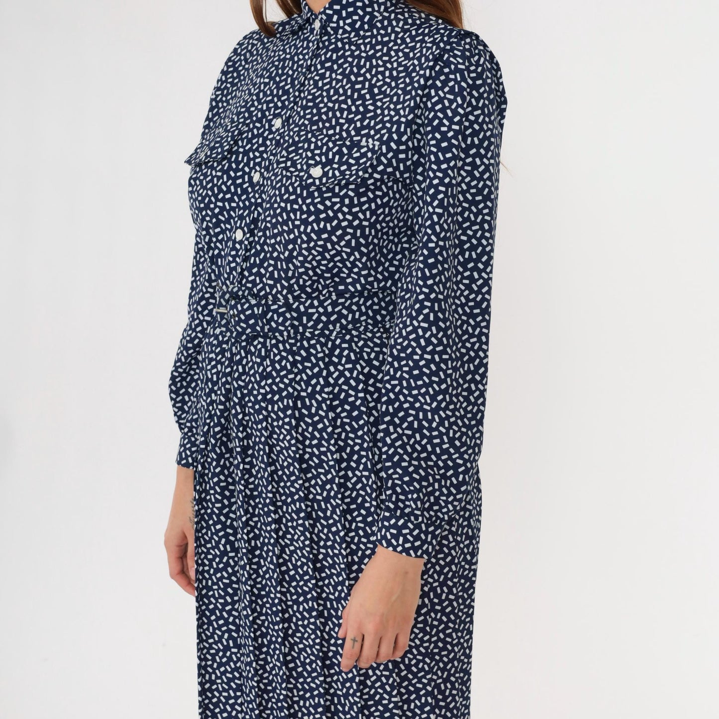 80s Appleseed's Petite Shirtdress Confetti Print Midi Dark Blue White