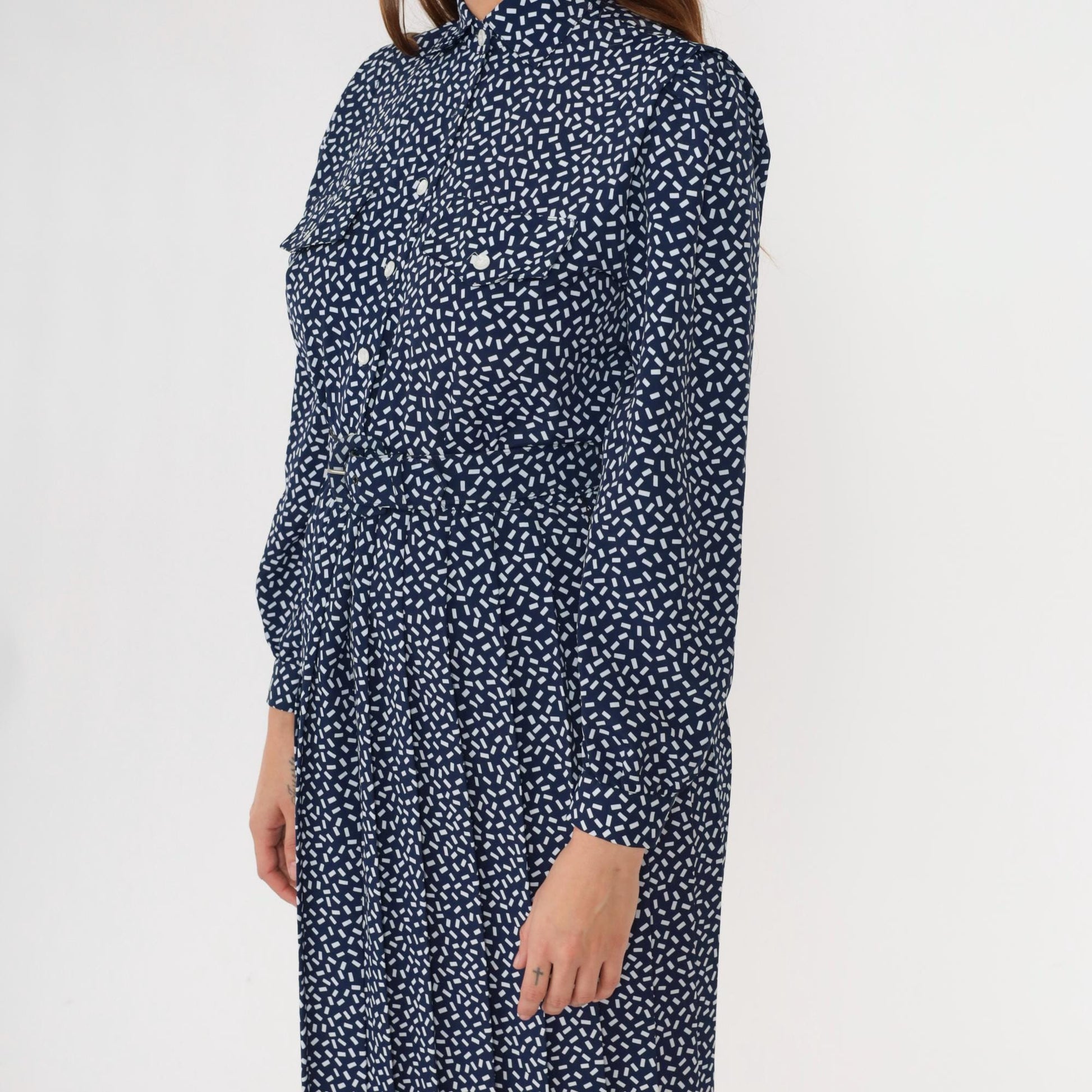 80s Appleseed's Petite Shirtdress Confetti Print Midi Dark Blue White
