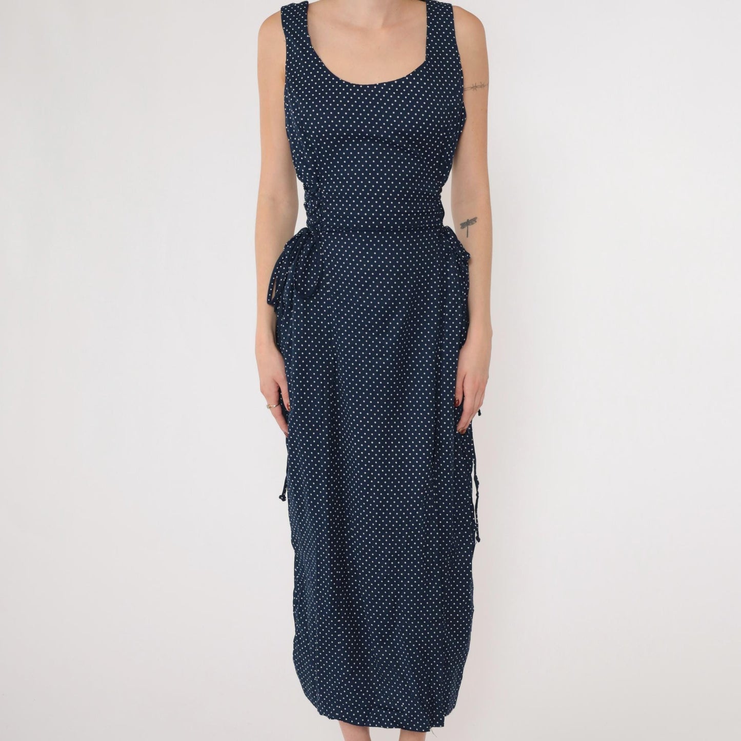 90s Navy Polka Dot Maxi Dress Sleeveless Scoop Neck Tie Waist Medium