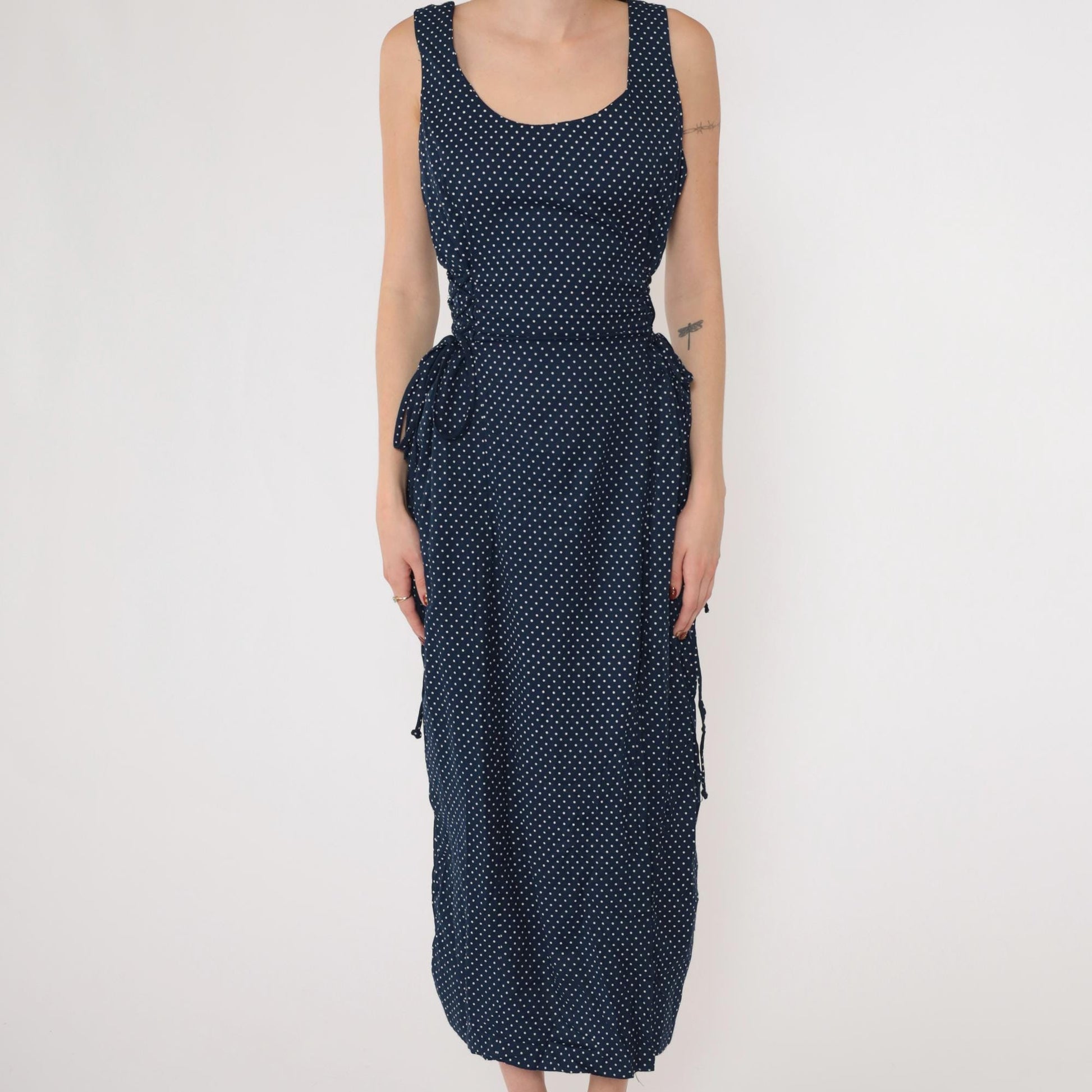 90s Navy Polka Dot Maxi Dress Sleeveless Scoop Neck Tie Waist Medium