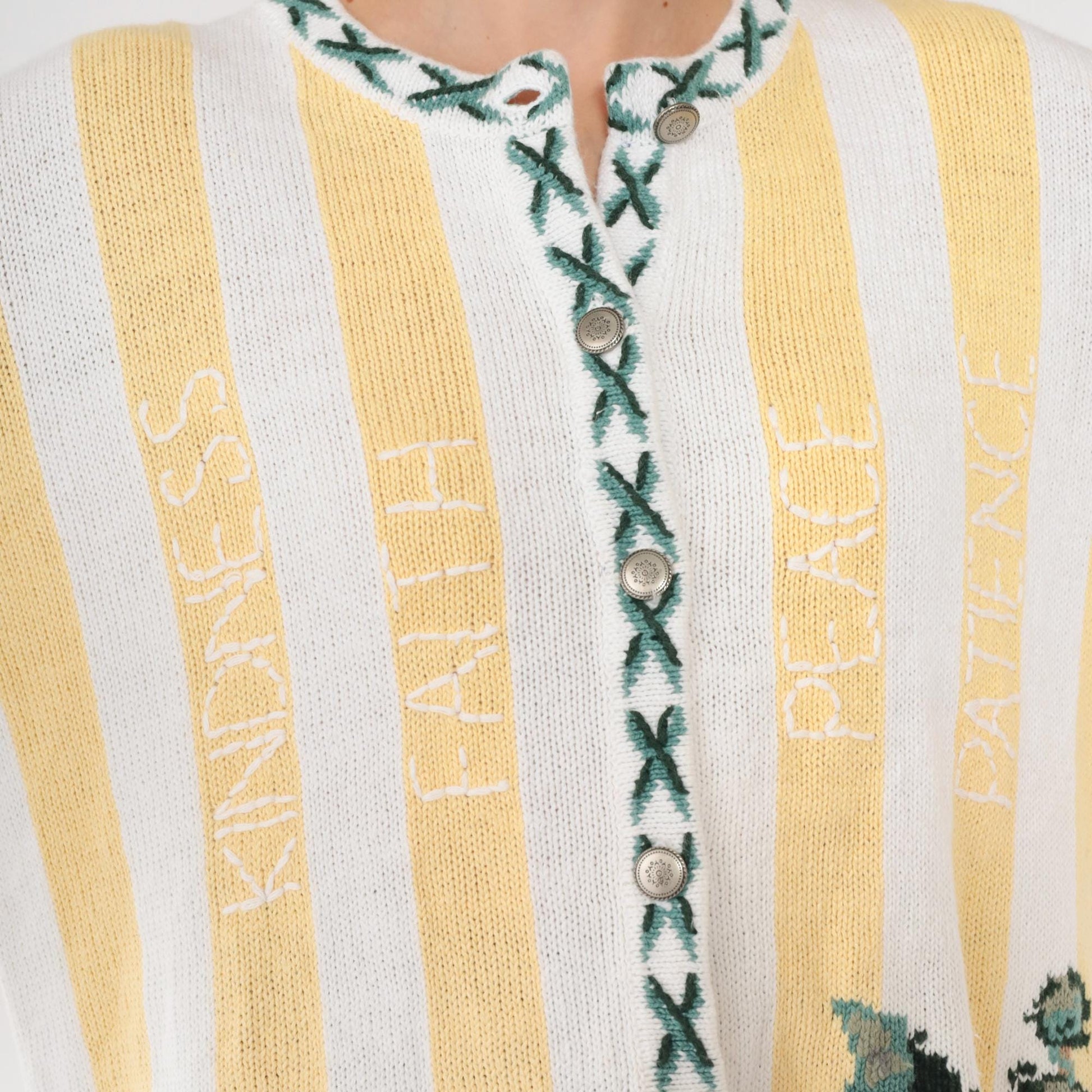 90s Quacker Factory Cardigan Yellow White Striped Topiary Cotton Medium