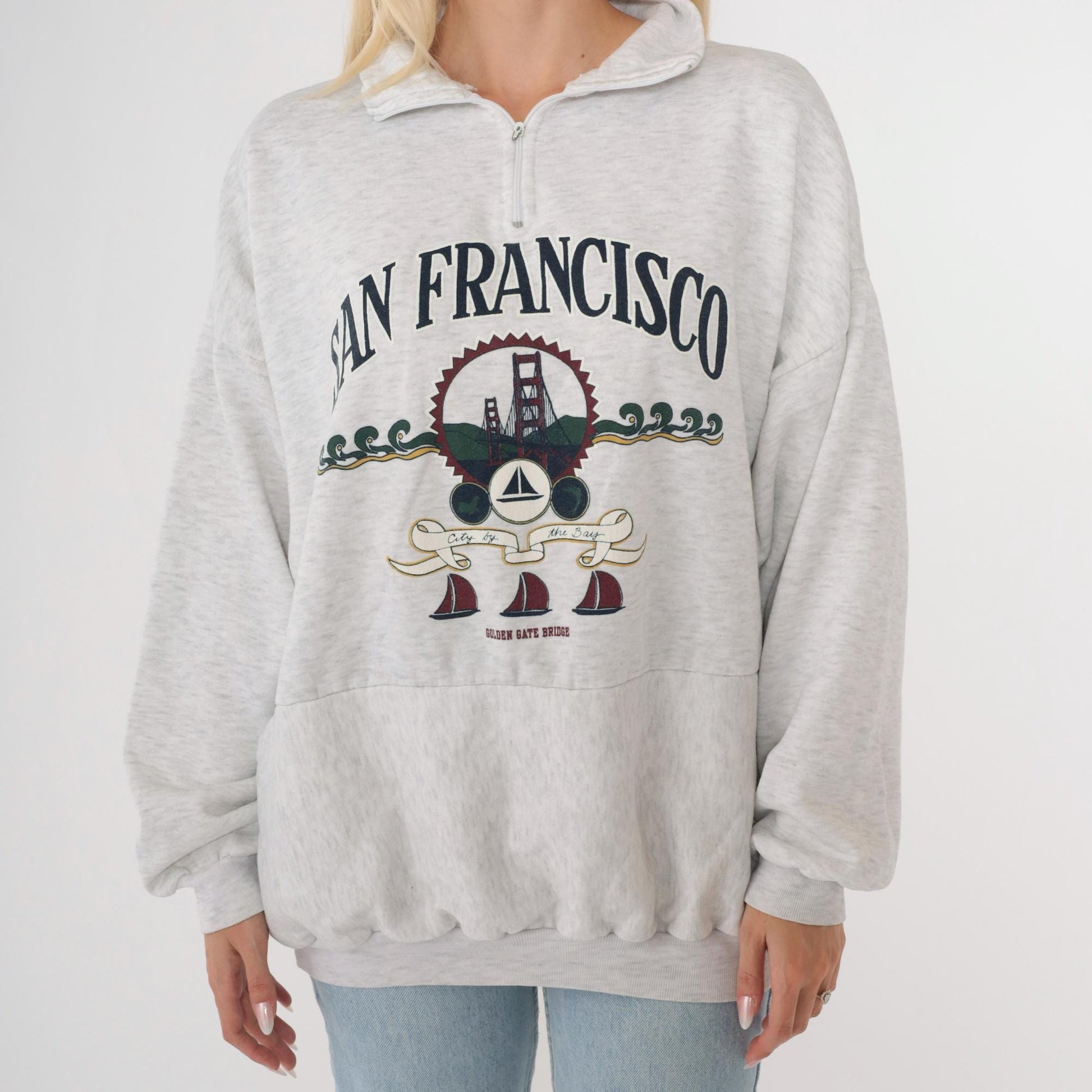 90s San Francisco Golden Gate Bridge Quarter Zip Sweatshirt Heather Grey Plus Size XXL