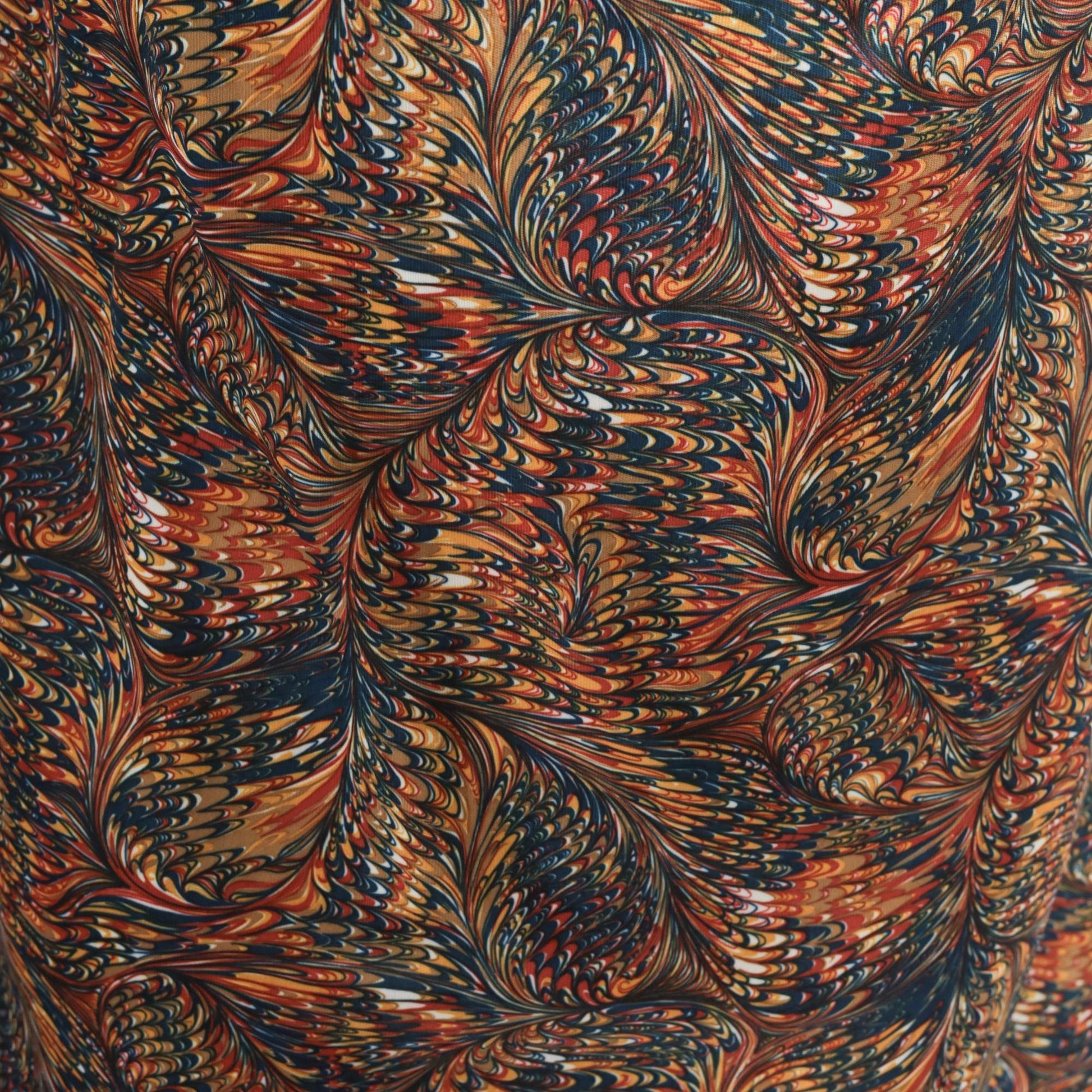 70s Psychedelic Feather Print Shift Dress Elastic Neckline Knee Length Large